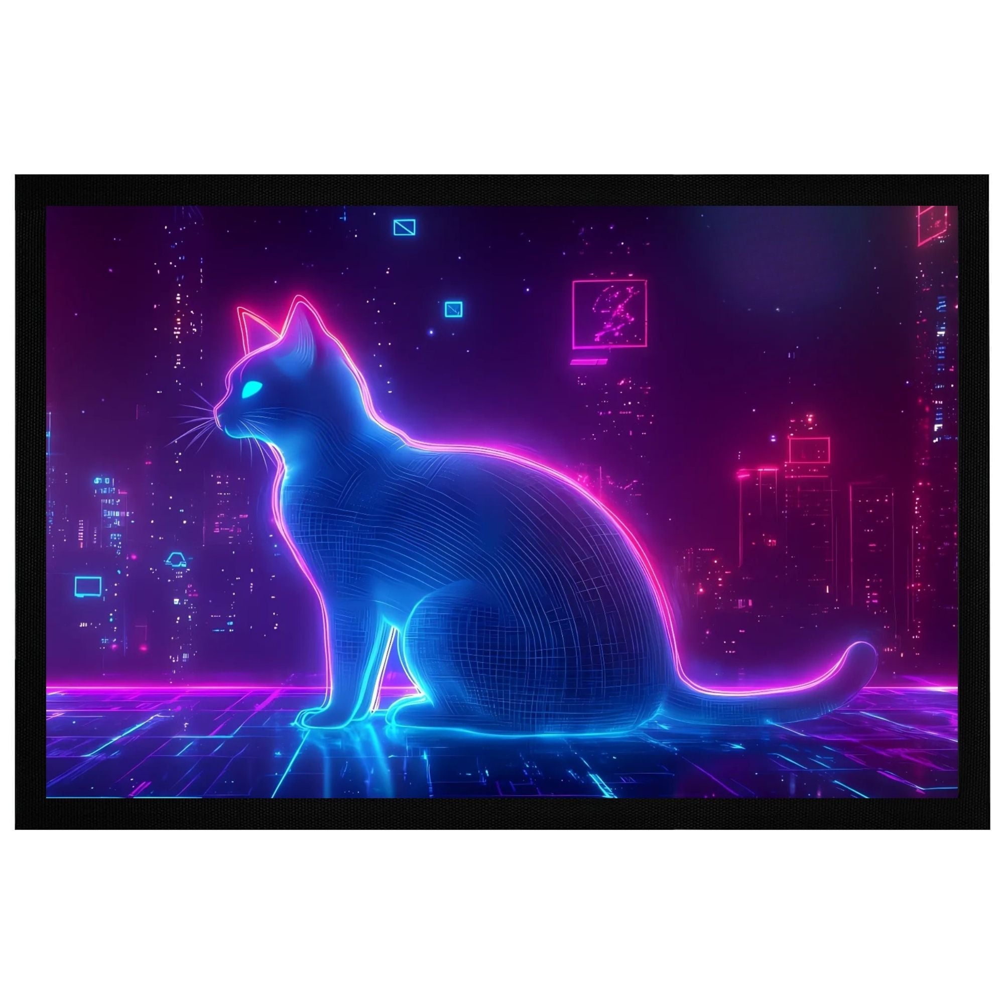 Striking neon cat design in a futuristic cyber city, perfect for the Momentals Fußmatte.