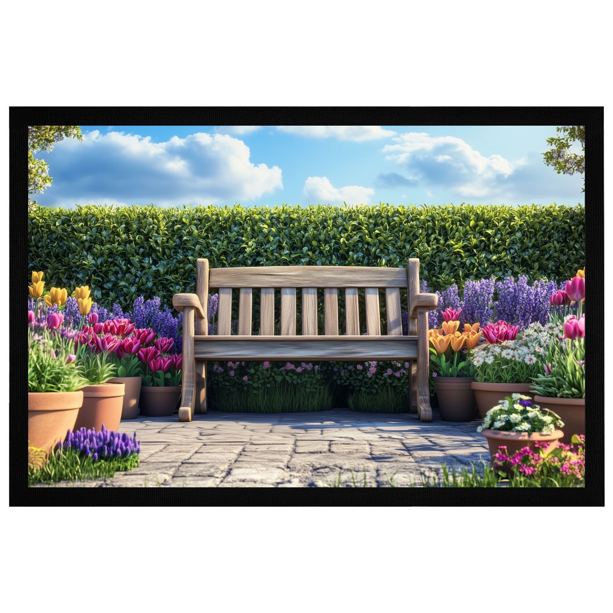 Momentals® Fußmatte mit einer Gartenbank, umgeben von bunten Blumen und Pflanzen für den Eingangsbereich.
