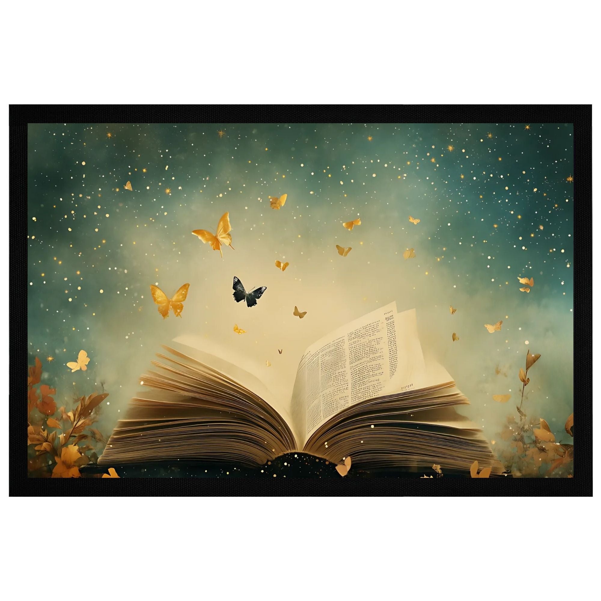 Momentals Fußmatte Schmetterlingsnebel mit fliegenden Schmetterlingen und offenem Buch - rutschfest, 60x40cm.