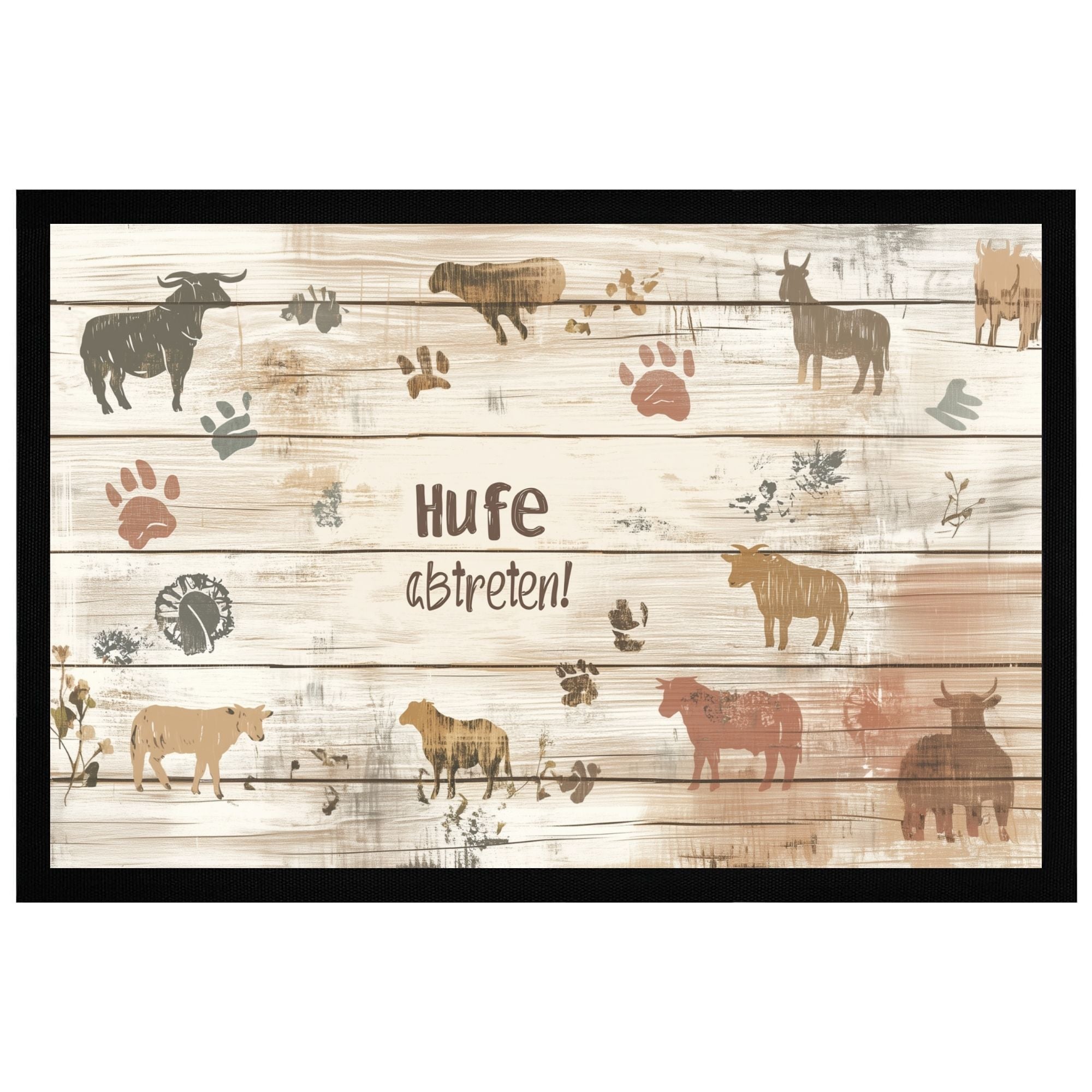 Charmante Fußmatte mit Huf- und Pfotenspuren, ideal für Eingangsbereiche, 60x40cm, rutschfeste Rückseite.