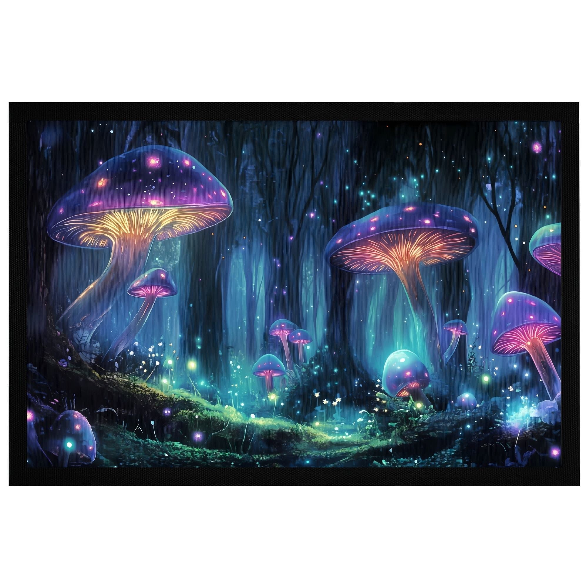 Fantasievolle Fußmatte mit leuchtenden Pilzen und Glühwürmchen im magischen Wald-Design, 60x40cm.