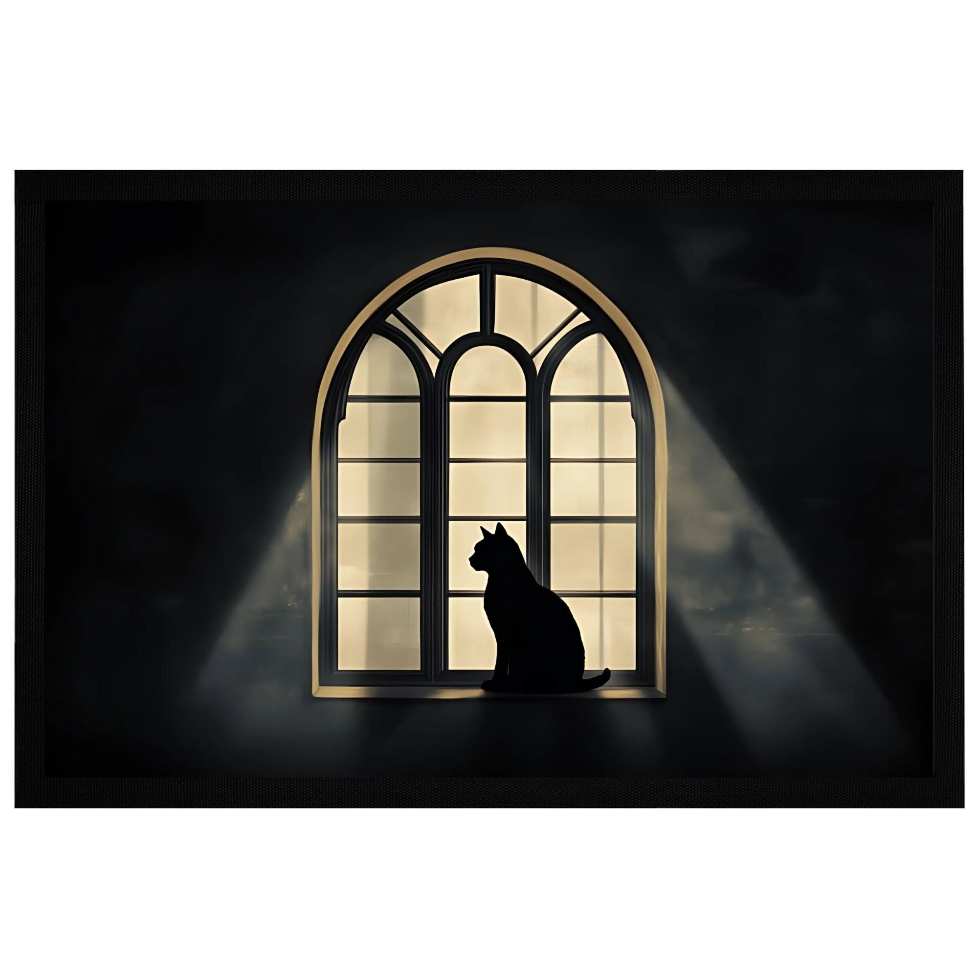 Stylish cat silhouette on a window mat, featuring black and gold design, perfect for cat lovers.