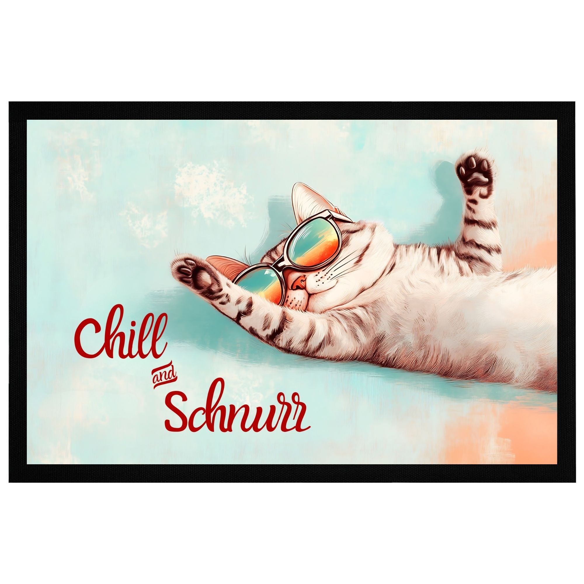 Momentals Fußmatte Chill & Schnurr mit Katze in Sonnenbrille auf pastellfarbenem Hintergrund, 60x40cm.