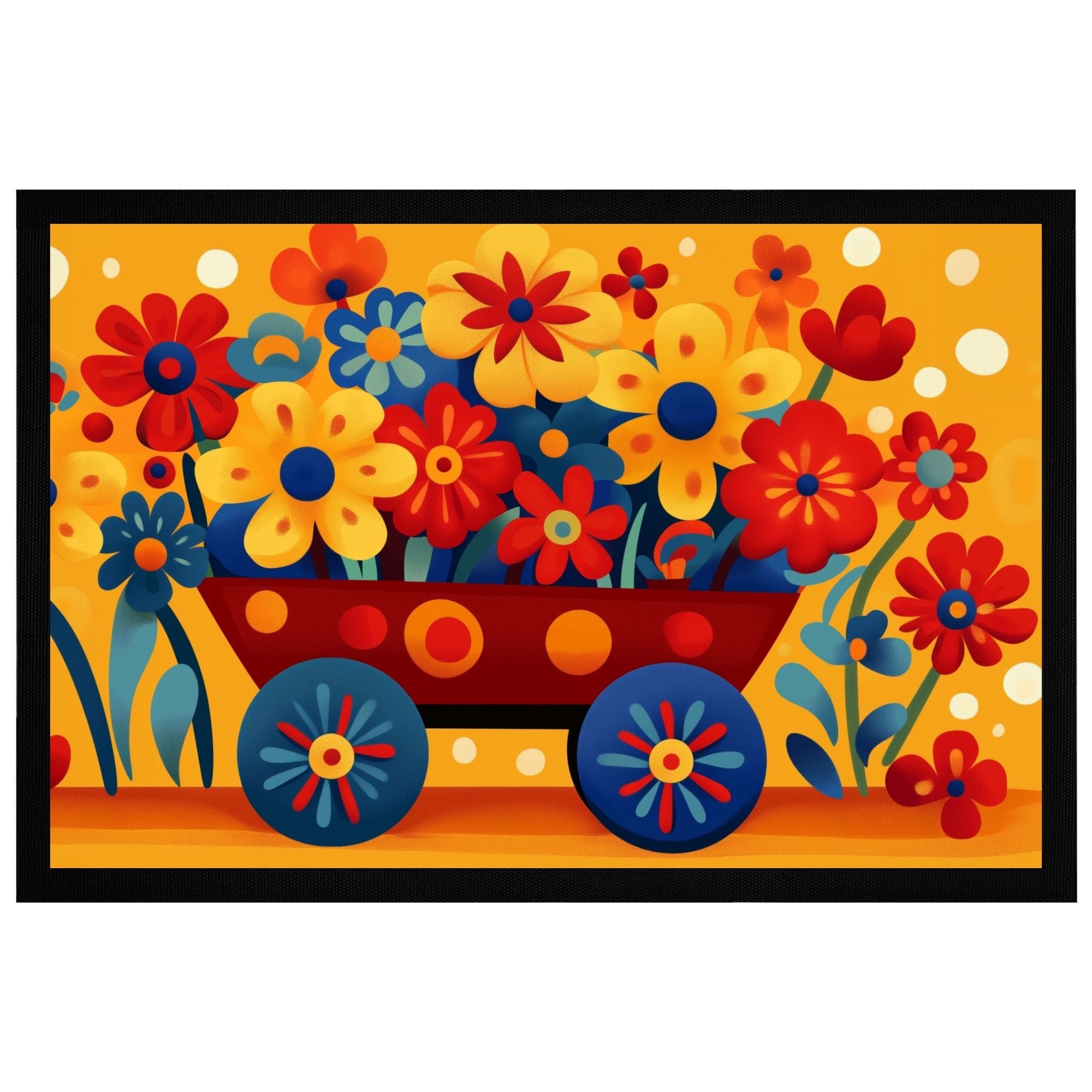 Momentals Fußmatte mit buntem Blumenwagen auf gelbem Hintergrund, rutschfeste Rückseite für sicheren Halt.