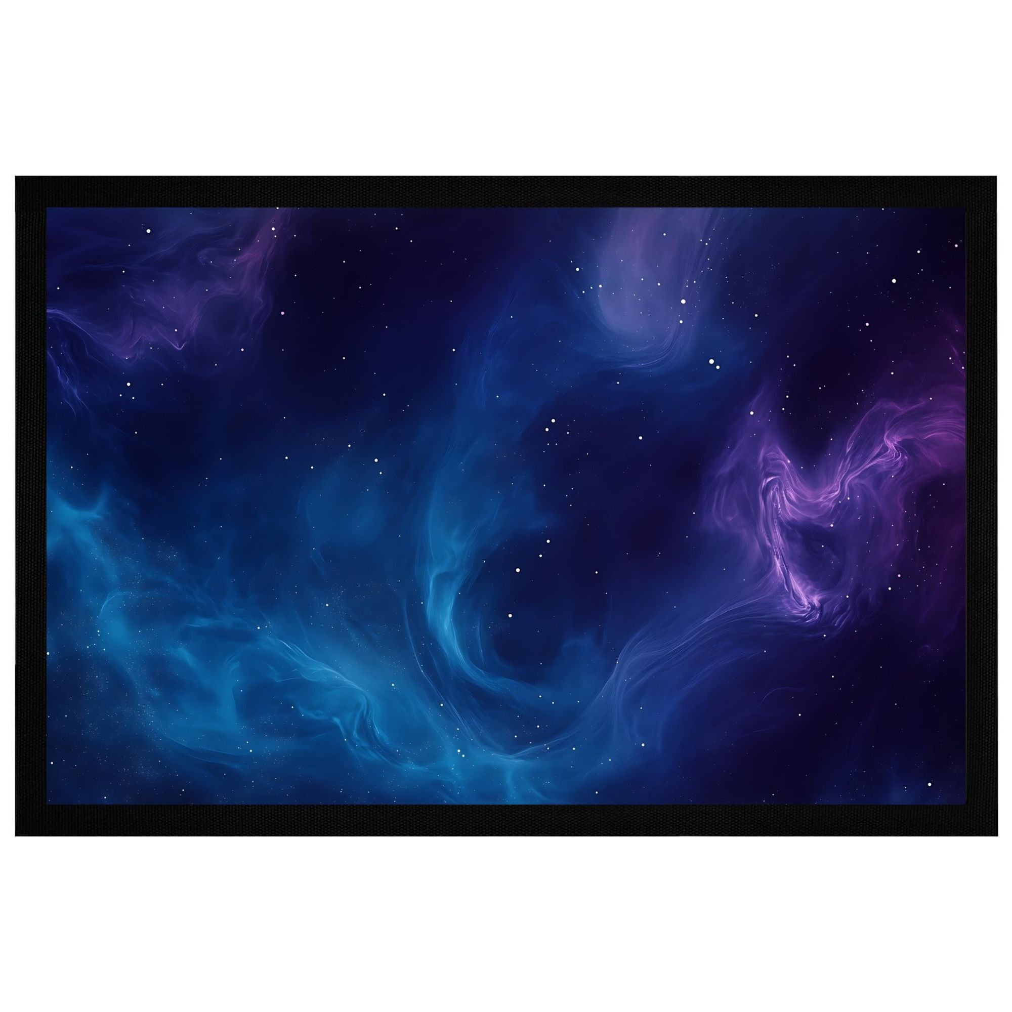 Galaktische Fußmatte mit mystischem Weltraumdesign in Blau und Lila, 60x40cm, rutschfeste Rückseite.