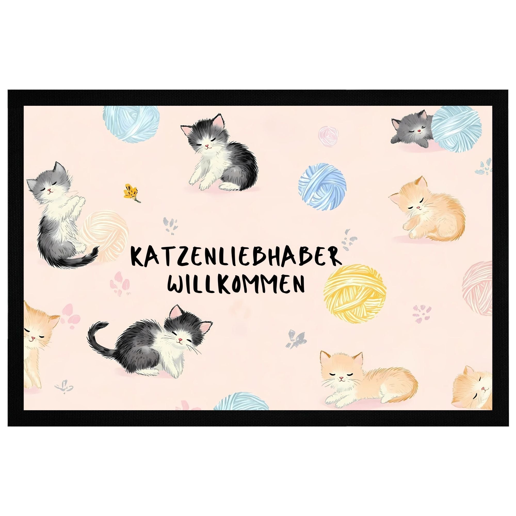 Katzenliebhaber Willkommen Fußmatte mit verspielten Kätzchen und bunten Wollknäueln, 60x40cm, rutschfest.