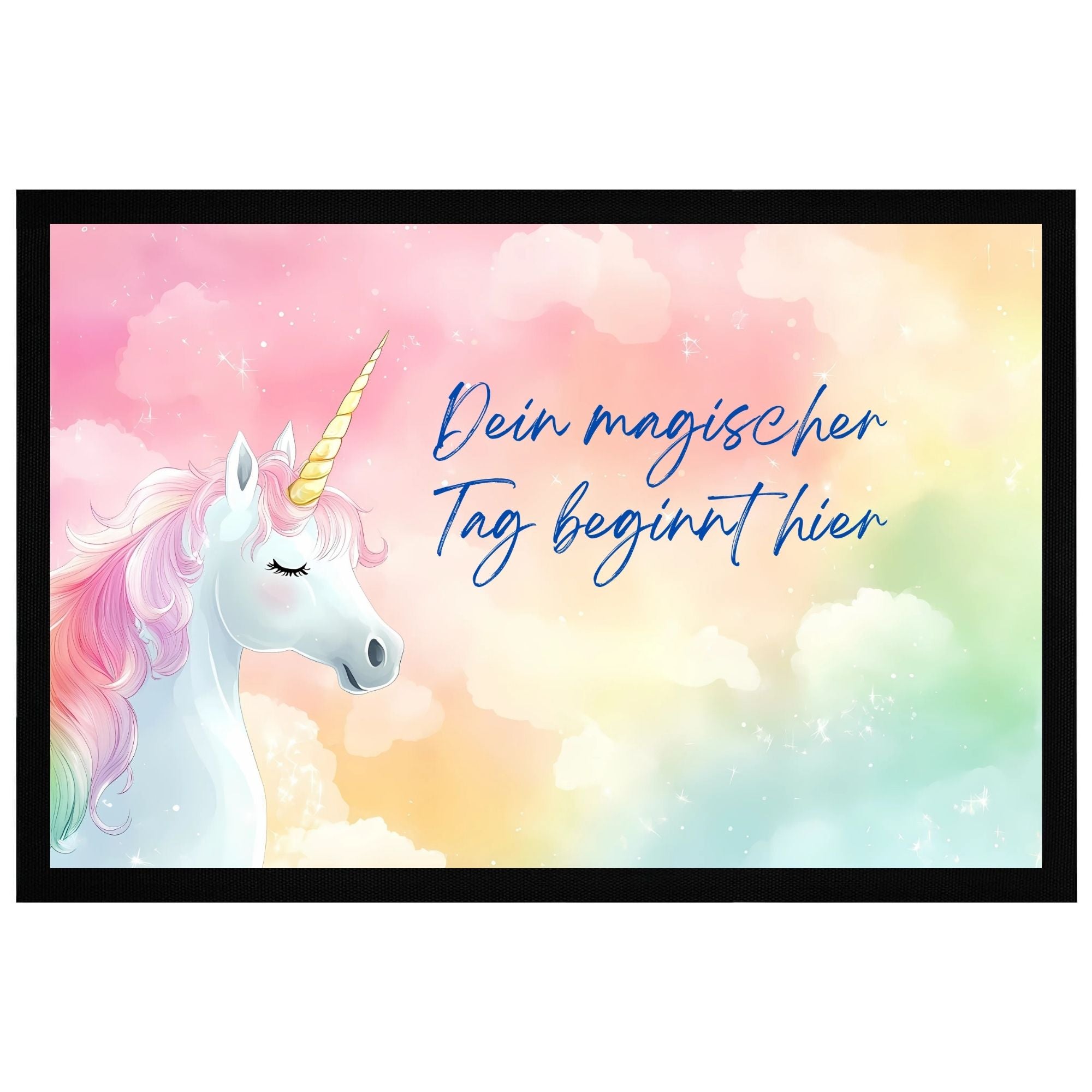 Momentals Fußmatte mit Einhornmotiv und buntem Hintergrund – Magischer Tag beginnt hier, 60x40cm.