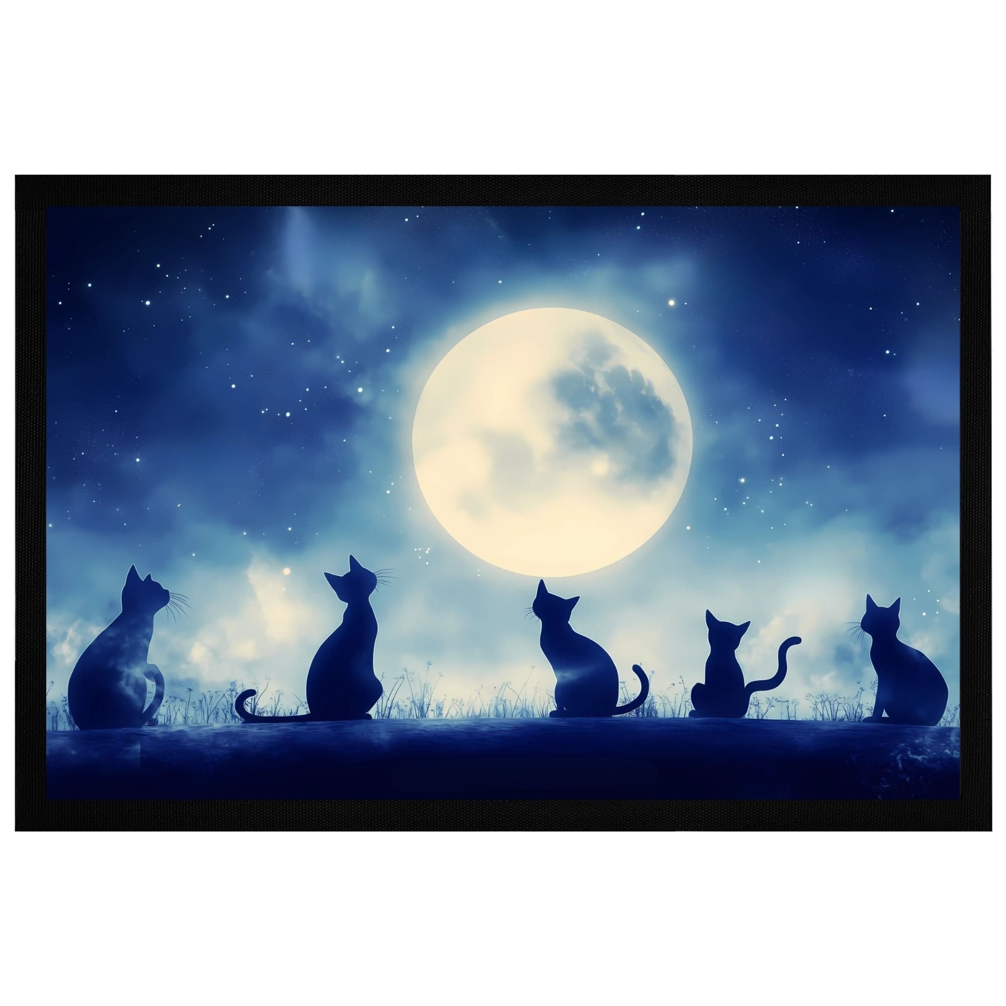 Katzen-Silhouetten im Mondschein auf einer stilvollen Fußmatte mit Vollmond und Sternen, 60x40cm.