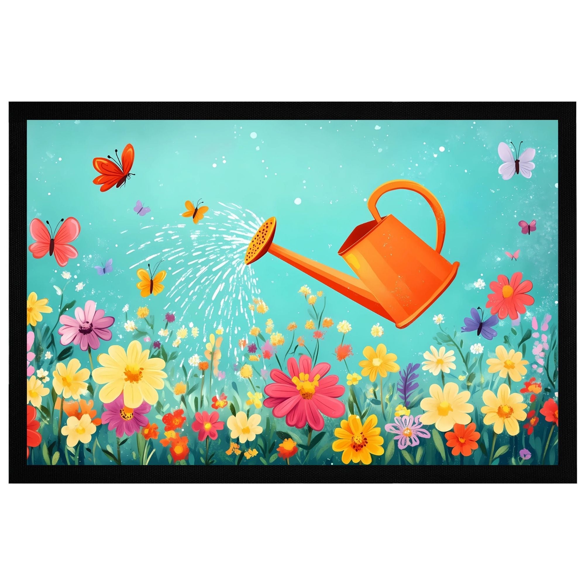Bunte Fußmatte mit Gießkanne, Blumen und Schmetterlingen für einen einladenden Eingangsbereich