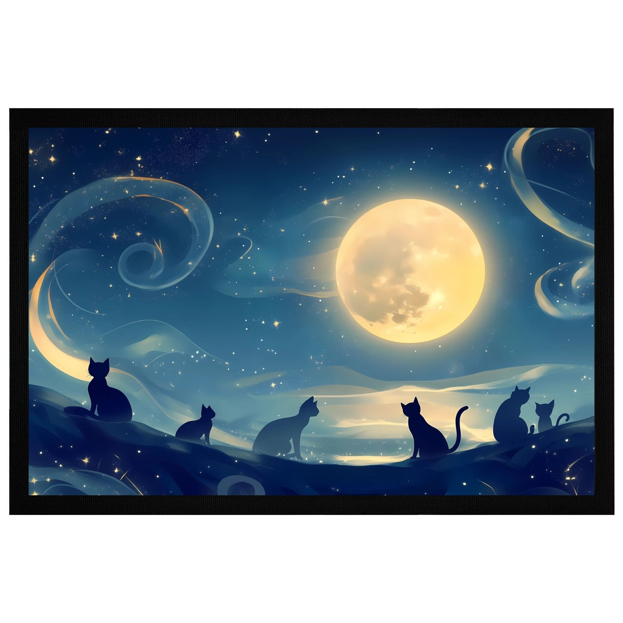 Mystical cats under a full moon and starry sky on a doormat, perfect for cat lovers.
