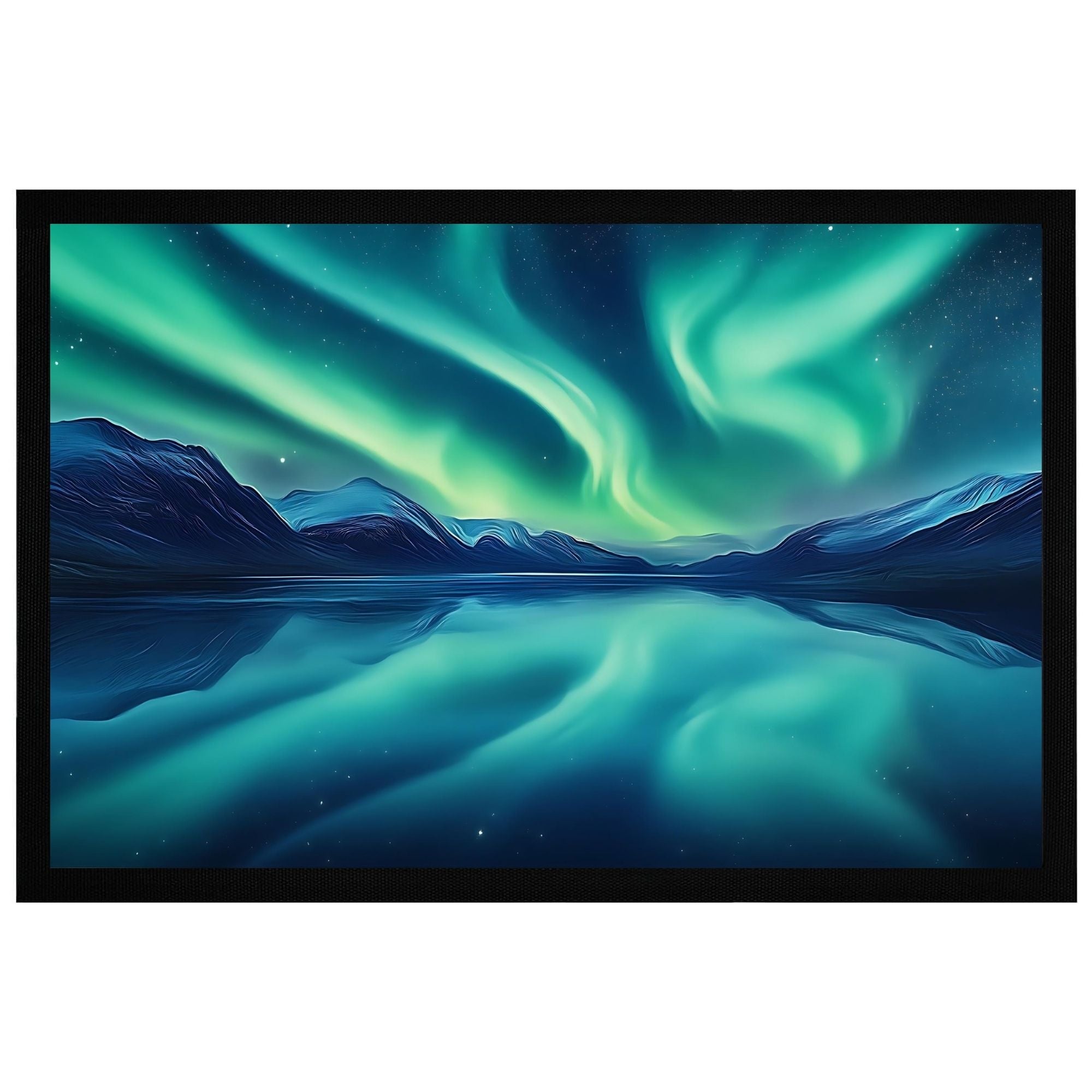 Polarlichter über einer ruhigen Berglandschaft, die in einem klaren See reflektieren – mystische Atmosphäre des Nordens.