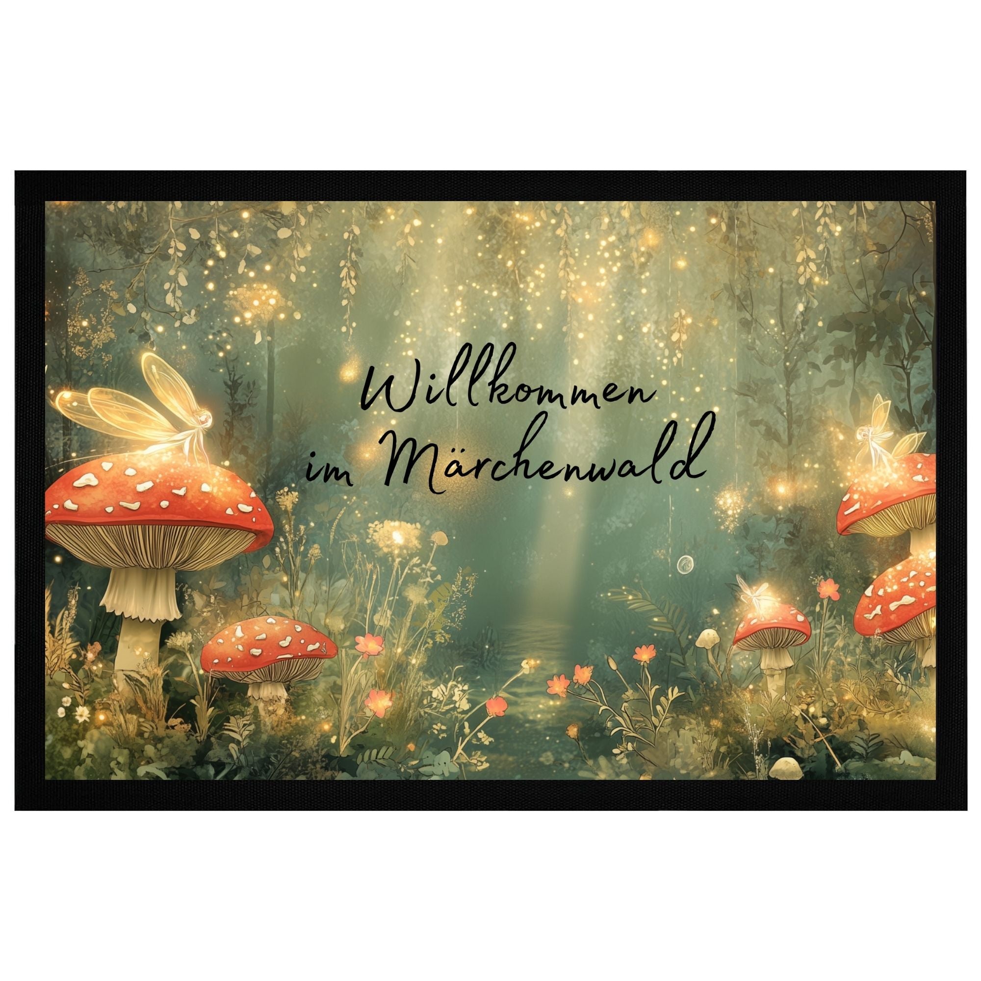 Fußmatte mit Pilzen und Feen im Märchenwald design, willkommen im fantasievollen Zuhause.