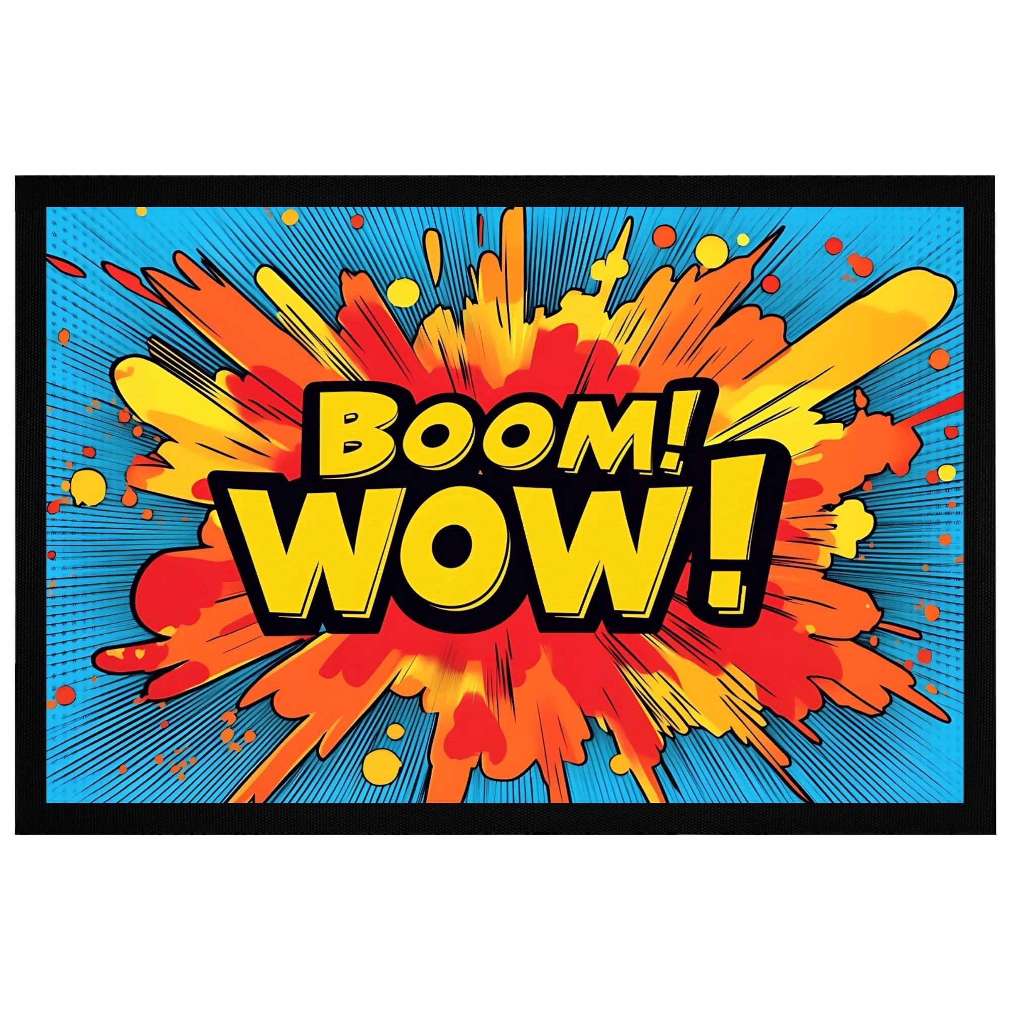 Fußmatte mit Comic-Design "BOOM! WOW!" in kräftigen Farben, 60x40cm, rutschfeste Rückseite.