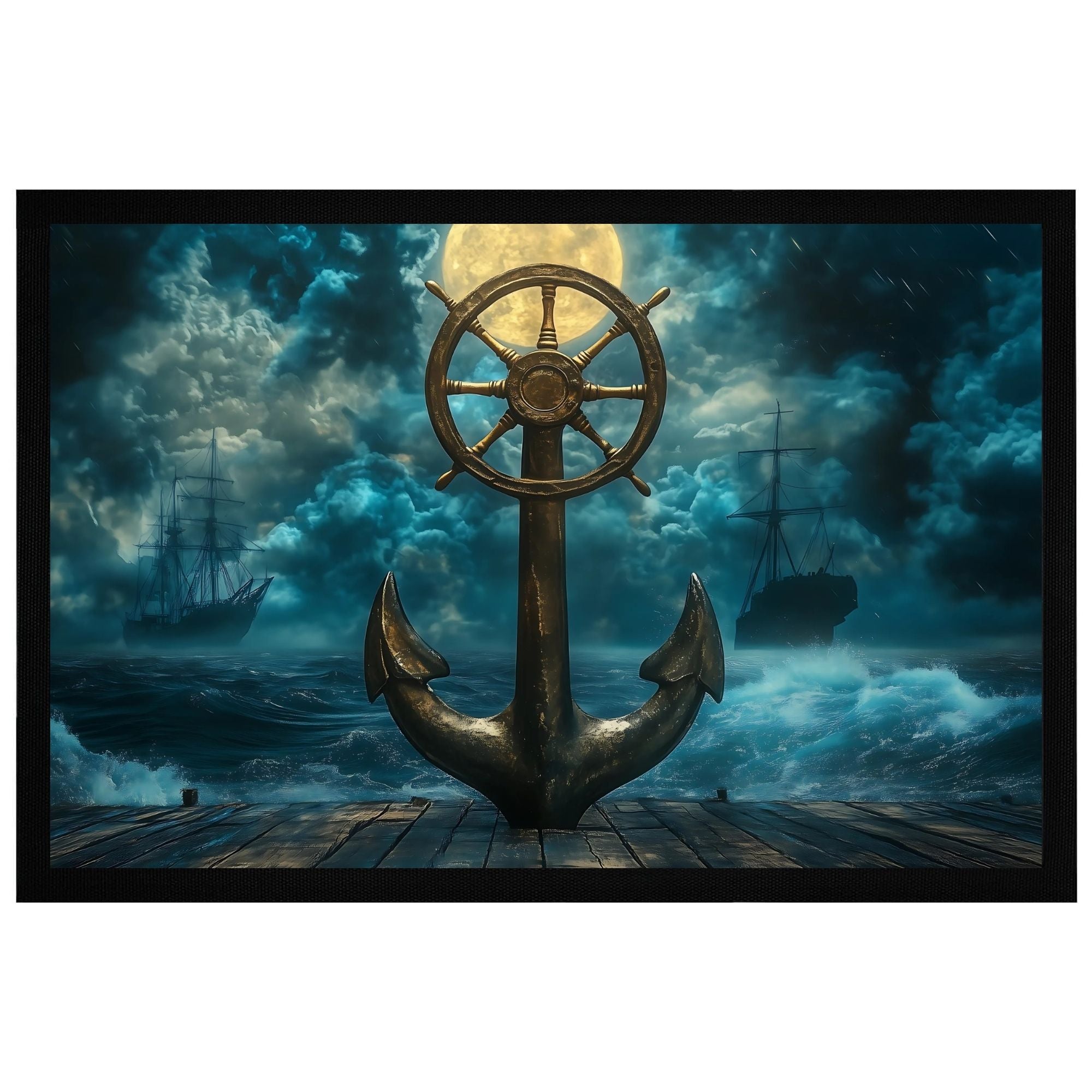 Stylish maritime foot mat featuring anchor and steering wheel design with stormy ocean background, 60x40cm.