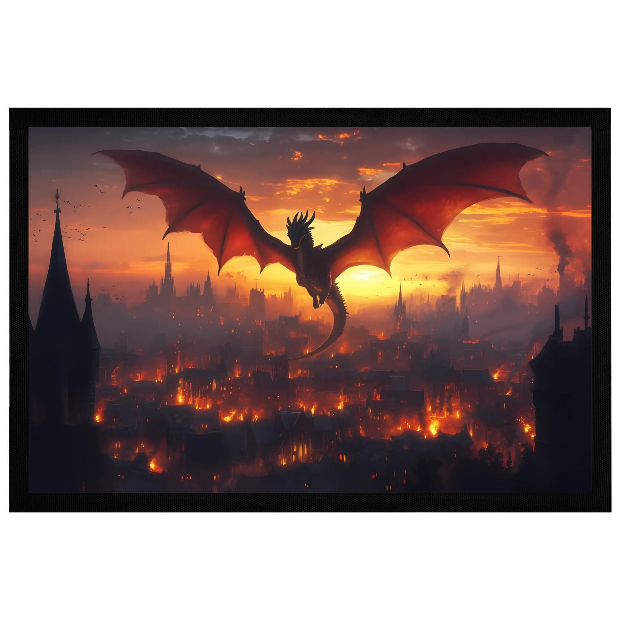 Drachen Fußmatte für Eingang, dramatisches Design mit Drache und Stadt im Dämmerlicht, rutschfeste Rückseite, 60x40cm.