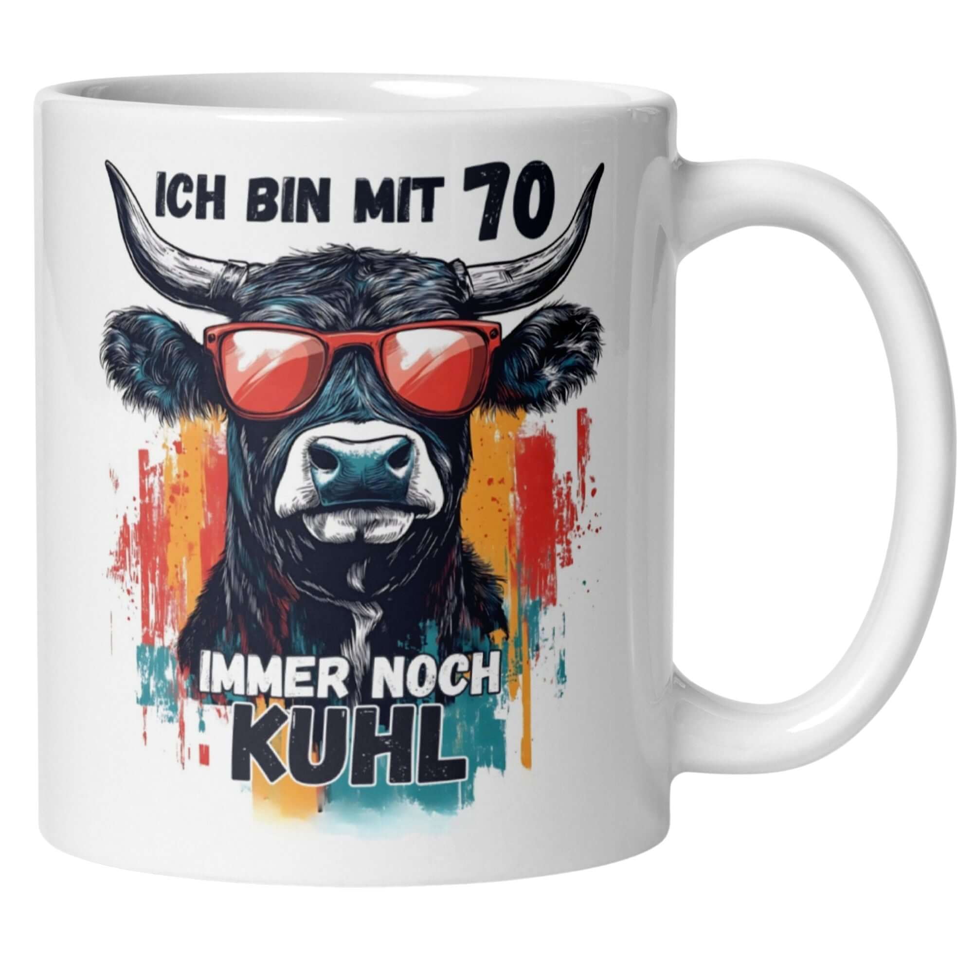 Kaffeetasse mit Kuh-Design und Spruch "Ich bin mit 70 immer noch kuhl" für Geburtstagsfeier.