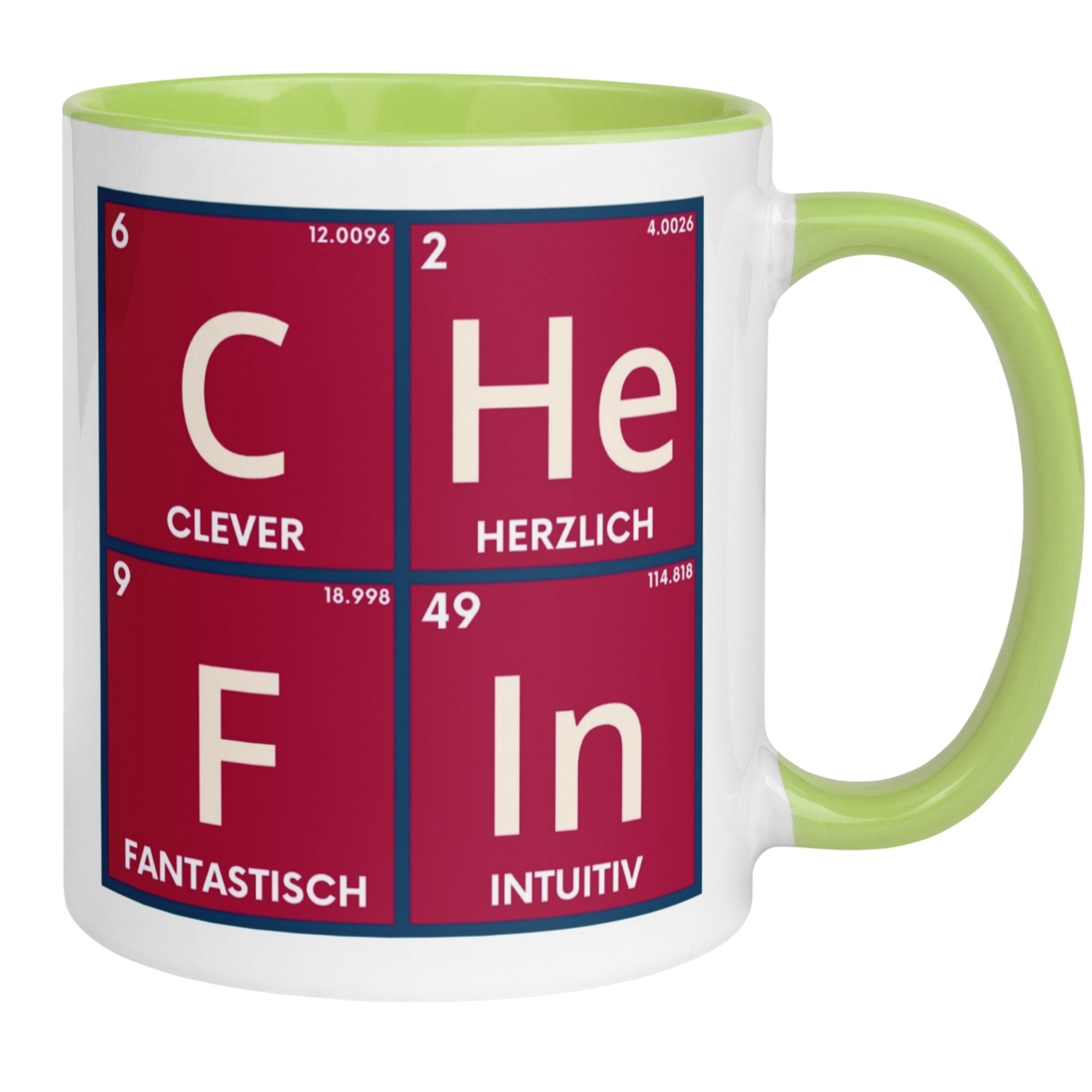 Momentals® Tasse Chefin mit Periodensystem-Motiv: clever, herzlich, fantastisch, intuitiv.
