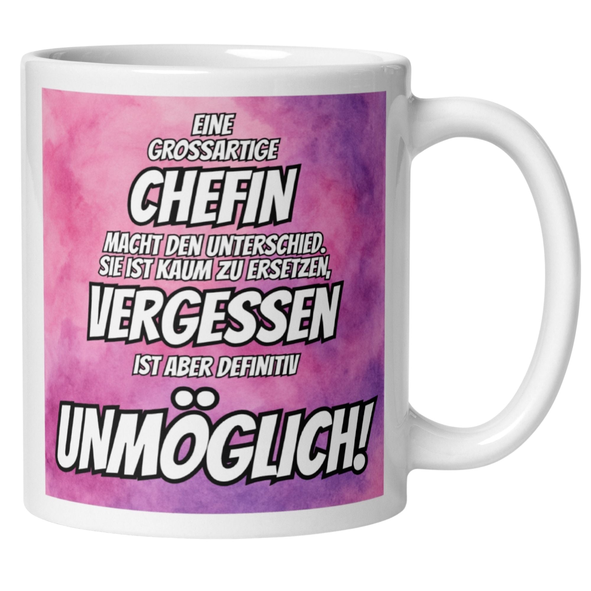 Momentals Tasse mit kraftvollem Spruch für Chefin: 'Vergessen ist unmöglich!' im pink-lila Aquarell-Design.