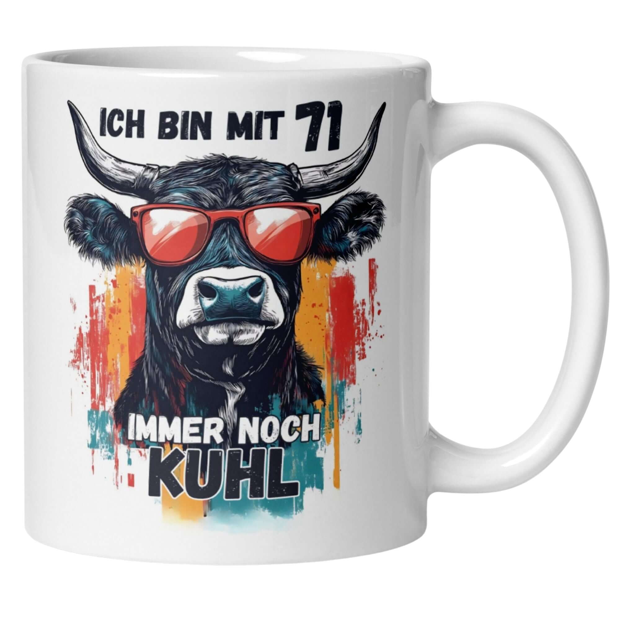 Stylische Tasse für 71. Geburtstag mit Kuh und Spruch "Ich bin mit 71 immer noch kuhl".