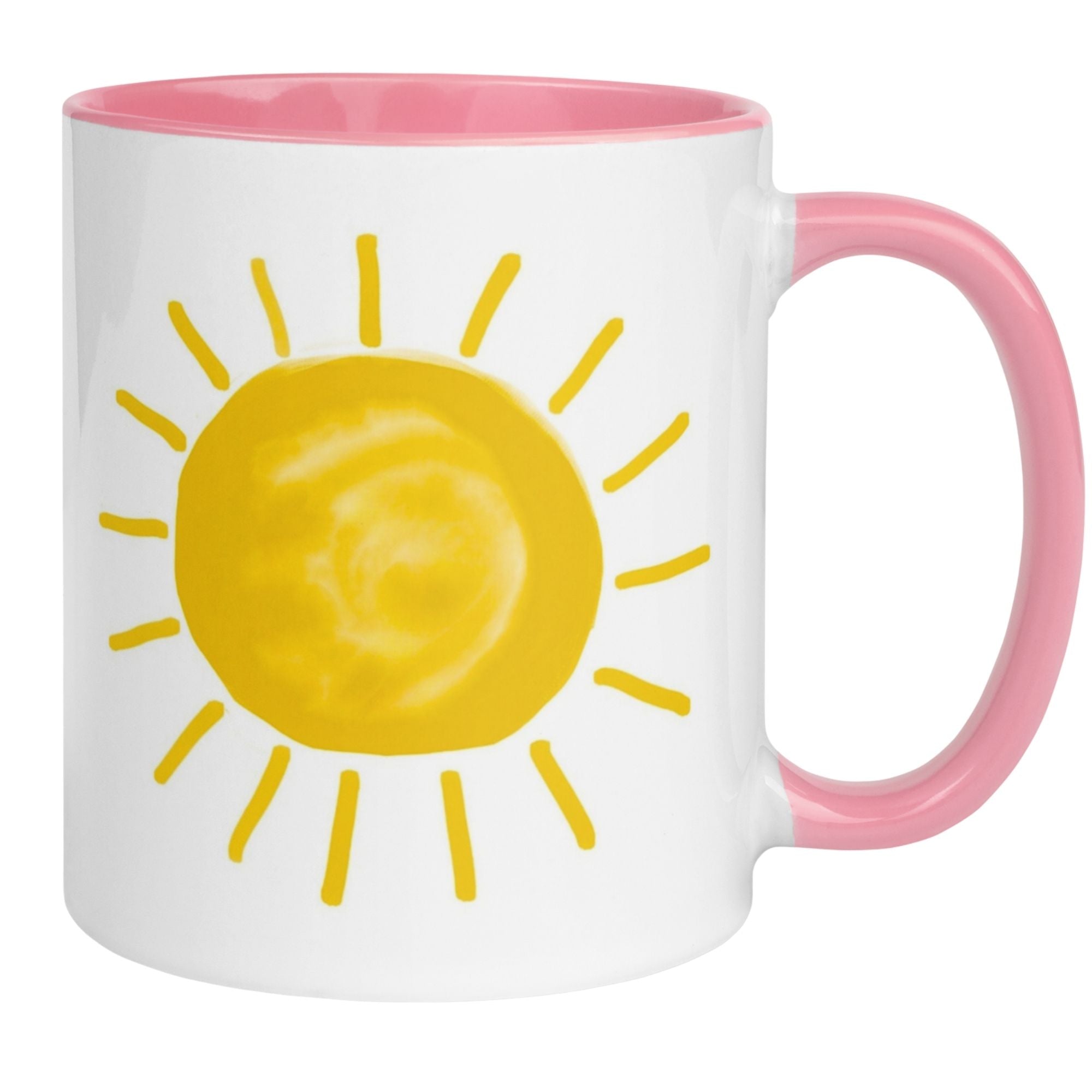 Momentals Tasse mit Aquarell-Sonnenmotiven in Gelb und pinkem Henkel für einen perfekten Start in den Tag.