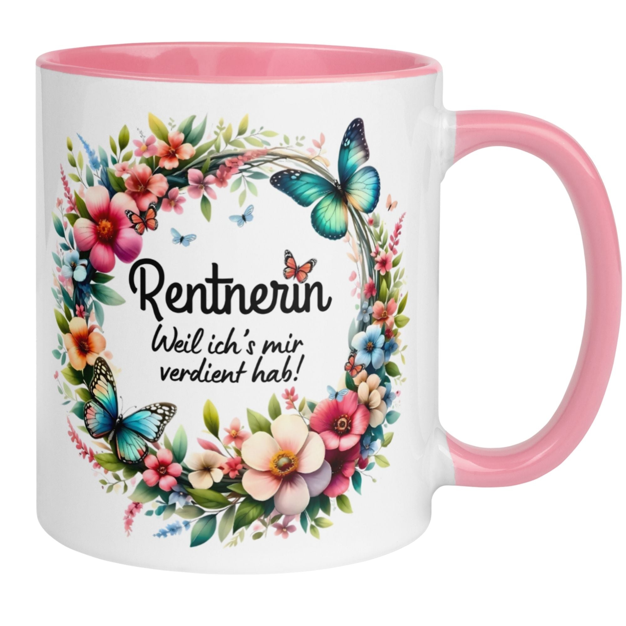 Momentals® Tasse Rente mit blumigen Kranz und Schmetterlingen, Spruch für frischgebackene Rentnerinnen.