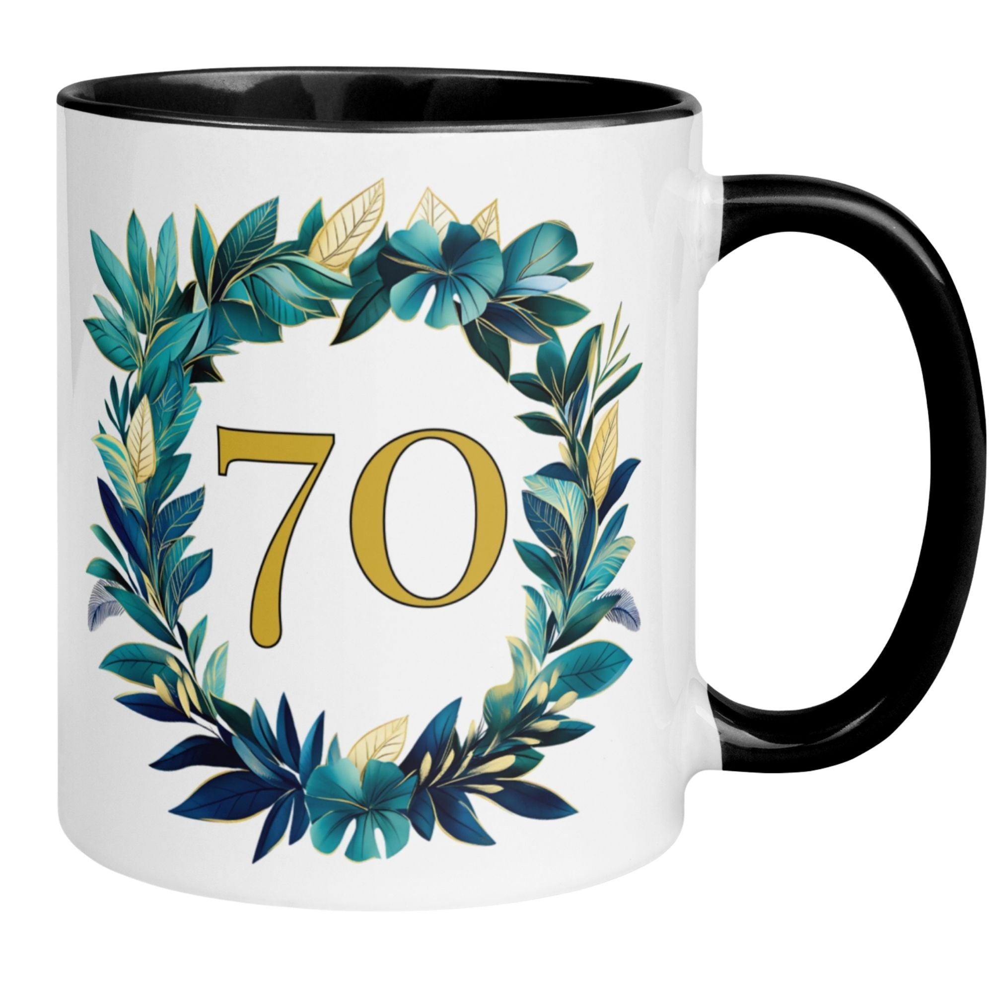 Stilvolle Momentals® Tasse zum 70. Geburtstag mit goldener Zahl im eleganten Blätterkranz.