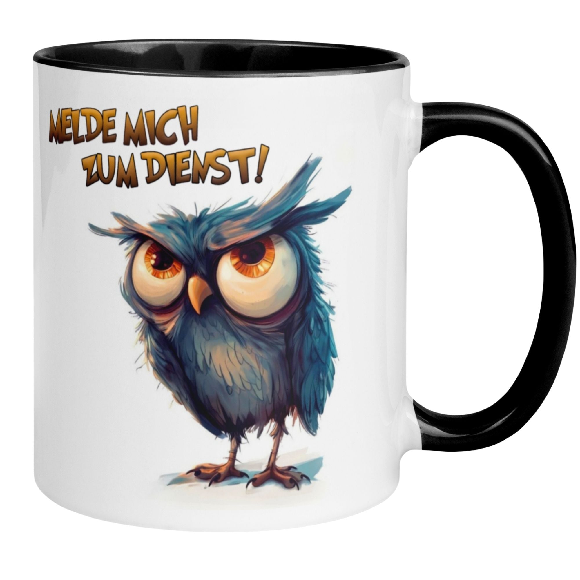 Tasse Eule – „Melde mich zum Dienst“ – lustiger Eulen Geschenk Becher für Morgenmuffel