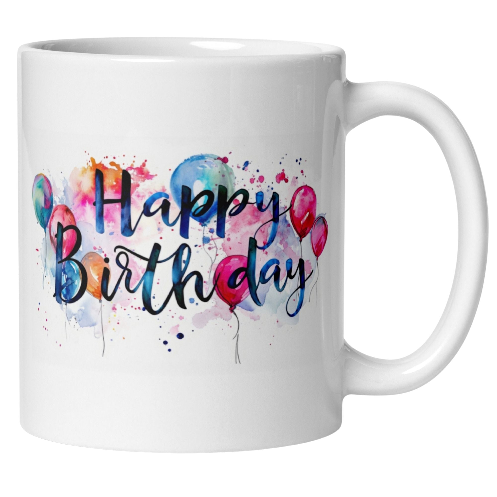 Bunte Tasse mit Aquarellballons und dem Schriftzug 'Happy Birthday' für fröhliche Geburtstagsfeiern.