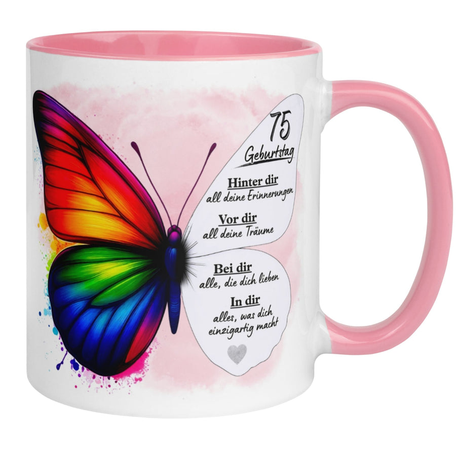 Tasse 75. Geburtstag | Schmetterling & Spruch | Hinter dir Erinnerungen - Vor dir Träume