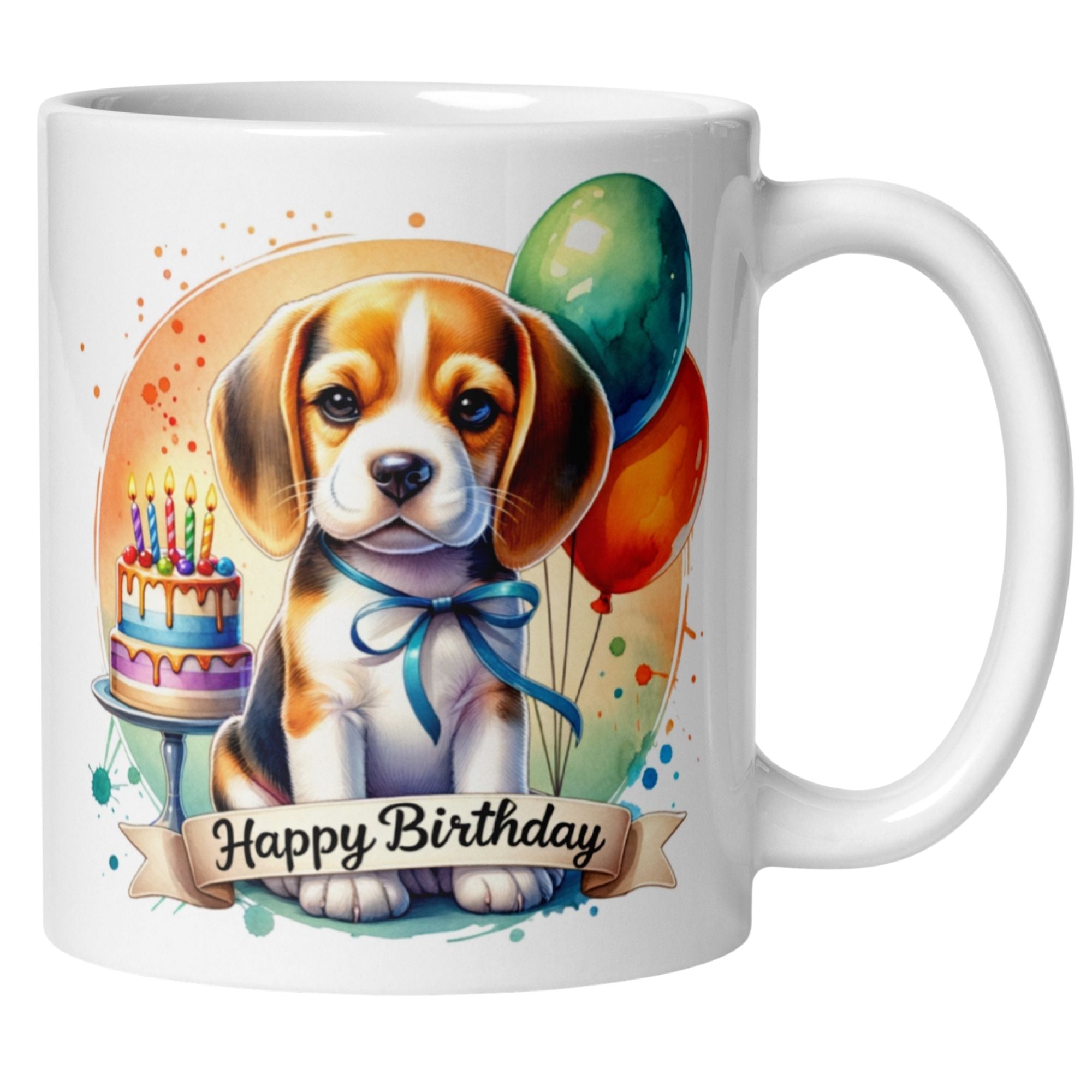 Beagle puppy birthday mug with cake and colorful balloons, perfect for celebrating special moments.