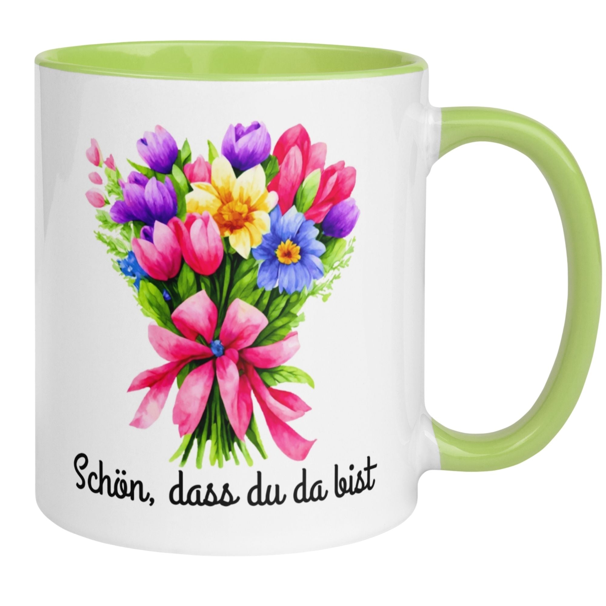 Bunte Blumen-Tasse mit 'Schön, dass du da bist' für herzliche Dankesgrüße.