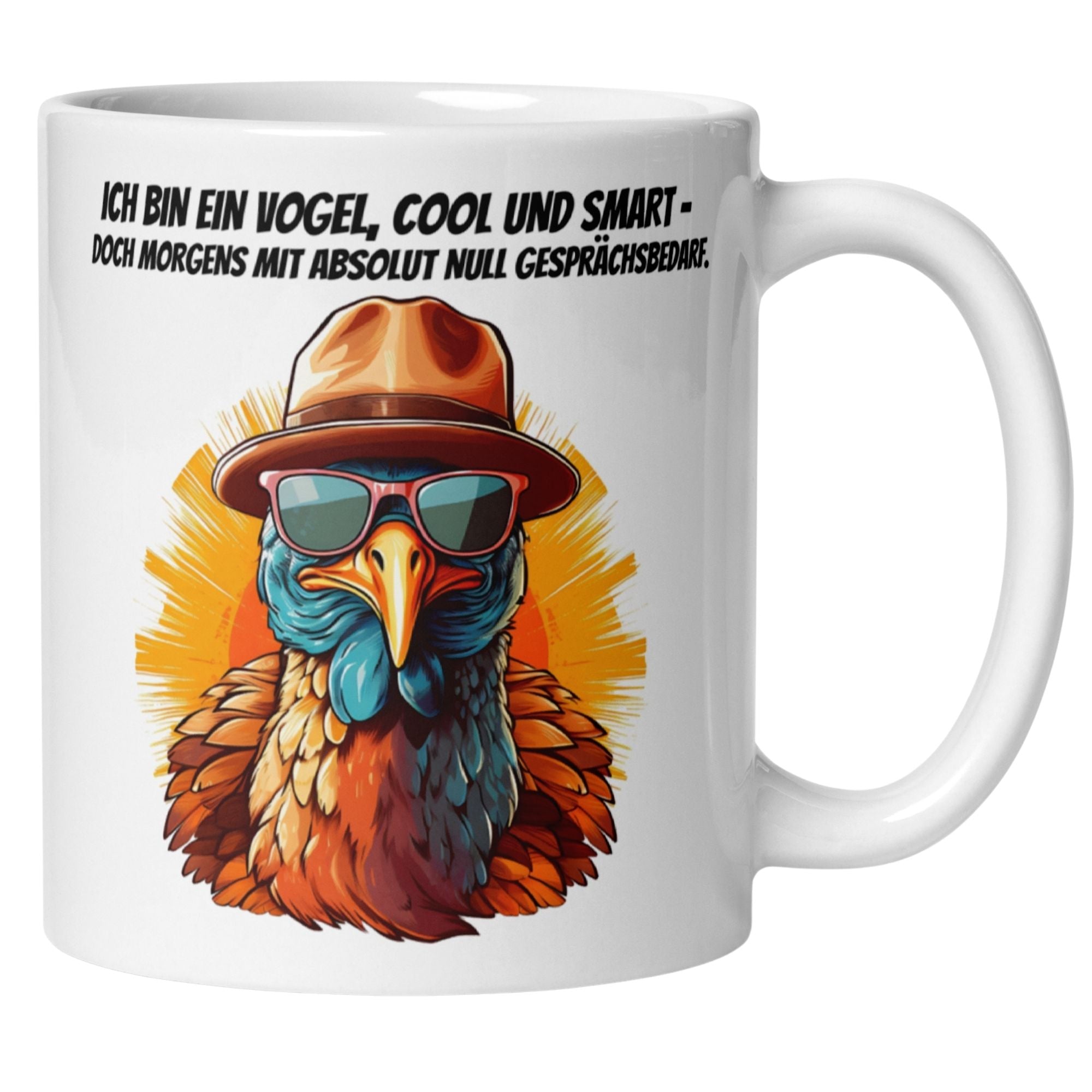 Momentals® Tasse mit Vogel-Motiv und Spruch für Morgenmuffel, witziges Design mit Sonnenbrille und Hut.