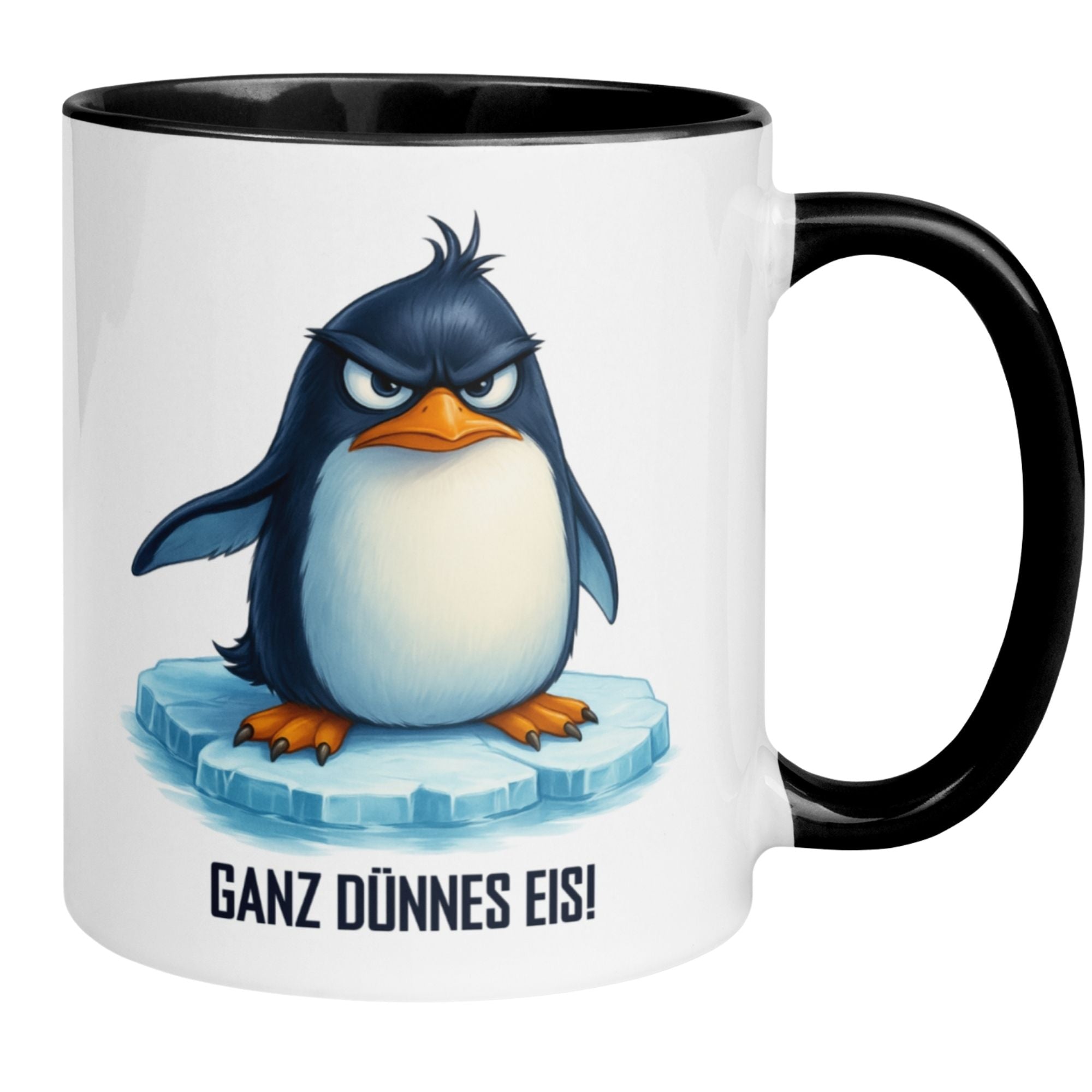 Momentals® Tasse mit Pinguin-Motiv und Spruch "Ganz dünnes Eis!" für Morgenmuffel.