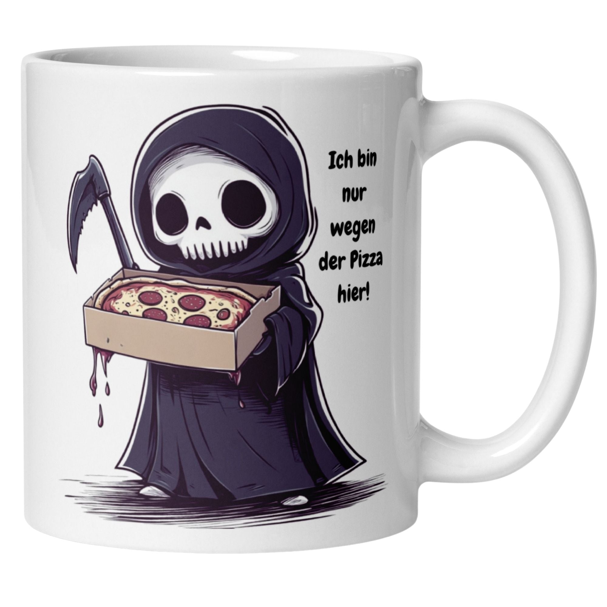 Momentals Tasse mit Sensenmann und Pizza, Spruch "Ich bin nur wegen der Pizza hier!", perfektes Bürogeschenk für Kollegen.