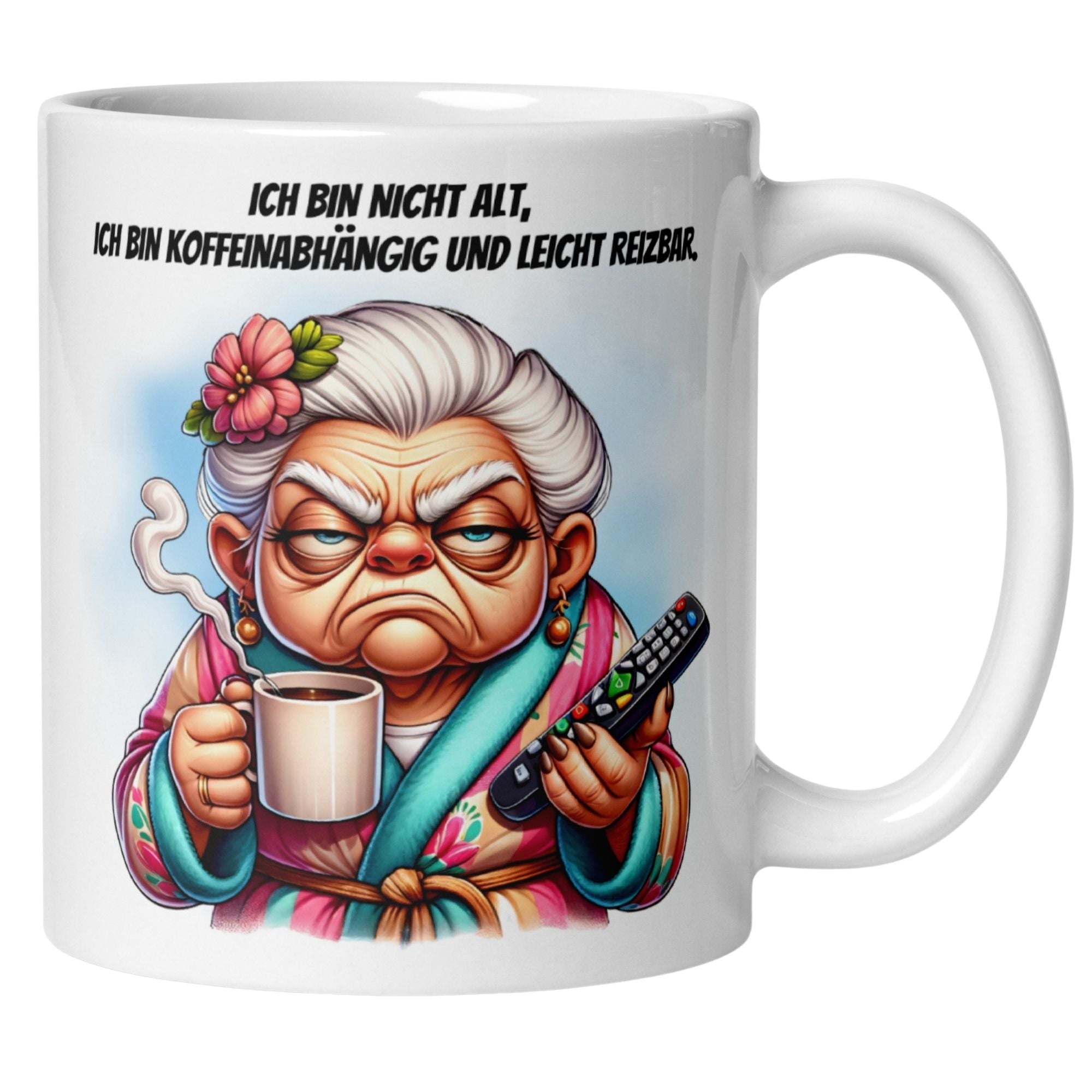 Humorous coffee mug featuring a grumpy grandma with the quote about caffeine dependence.
