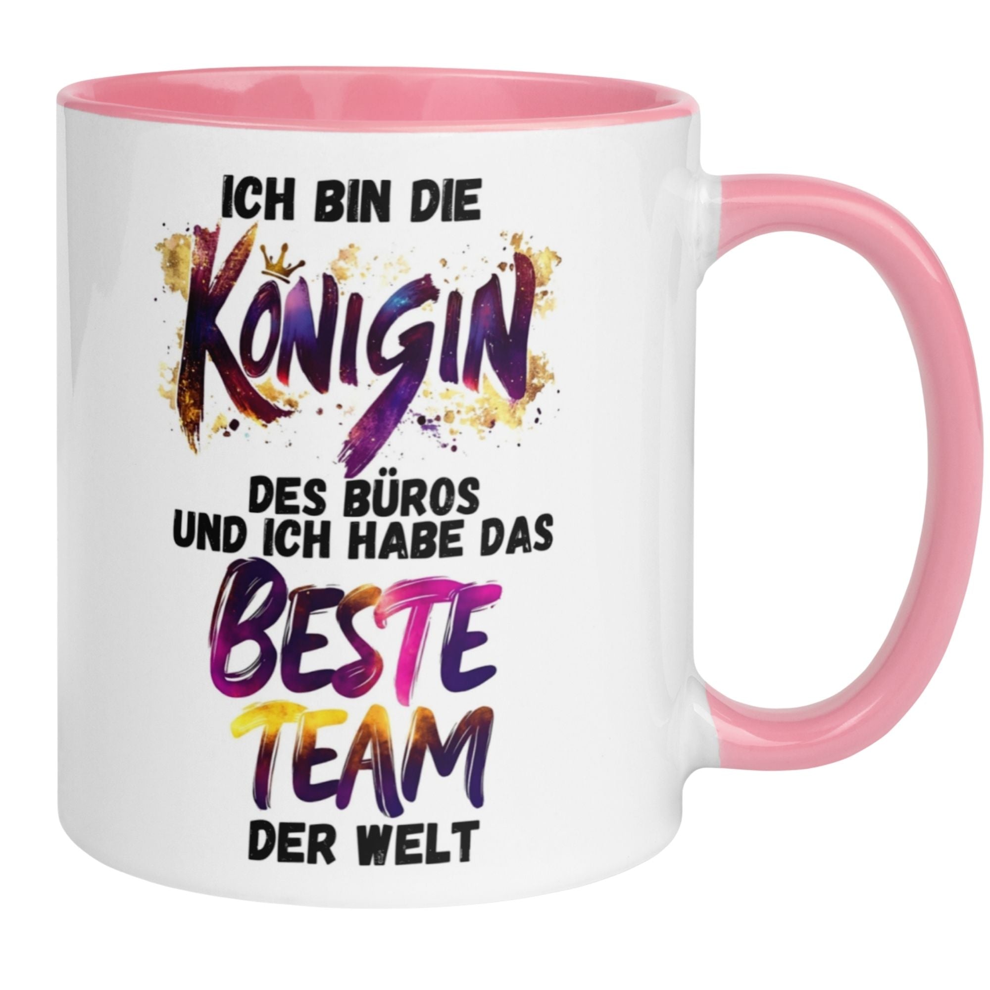 Momentals Tasse für Chefin mit Spruch: "Königin des Büros und das beste Team der Welt" in bunten Farben.