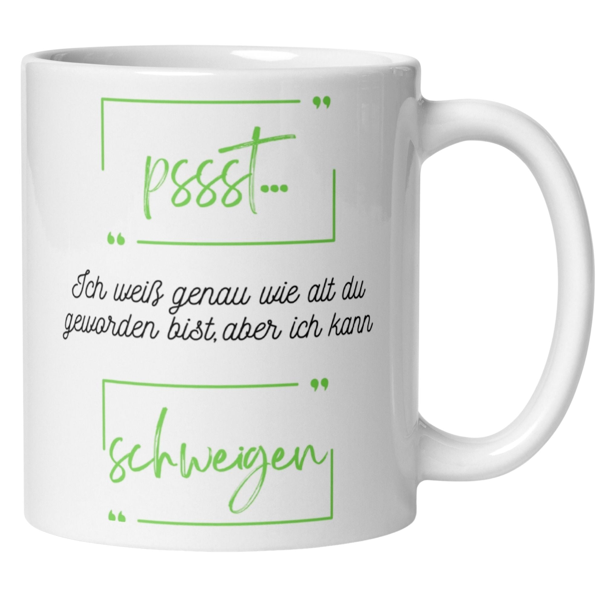 Momentals® Geburtstagstasse mit witzigem Spruch über das Älterwerden und Schweigen, ideal für Geburtstagsfeiern.