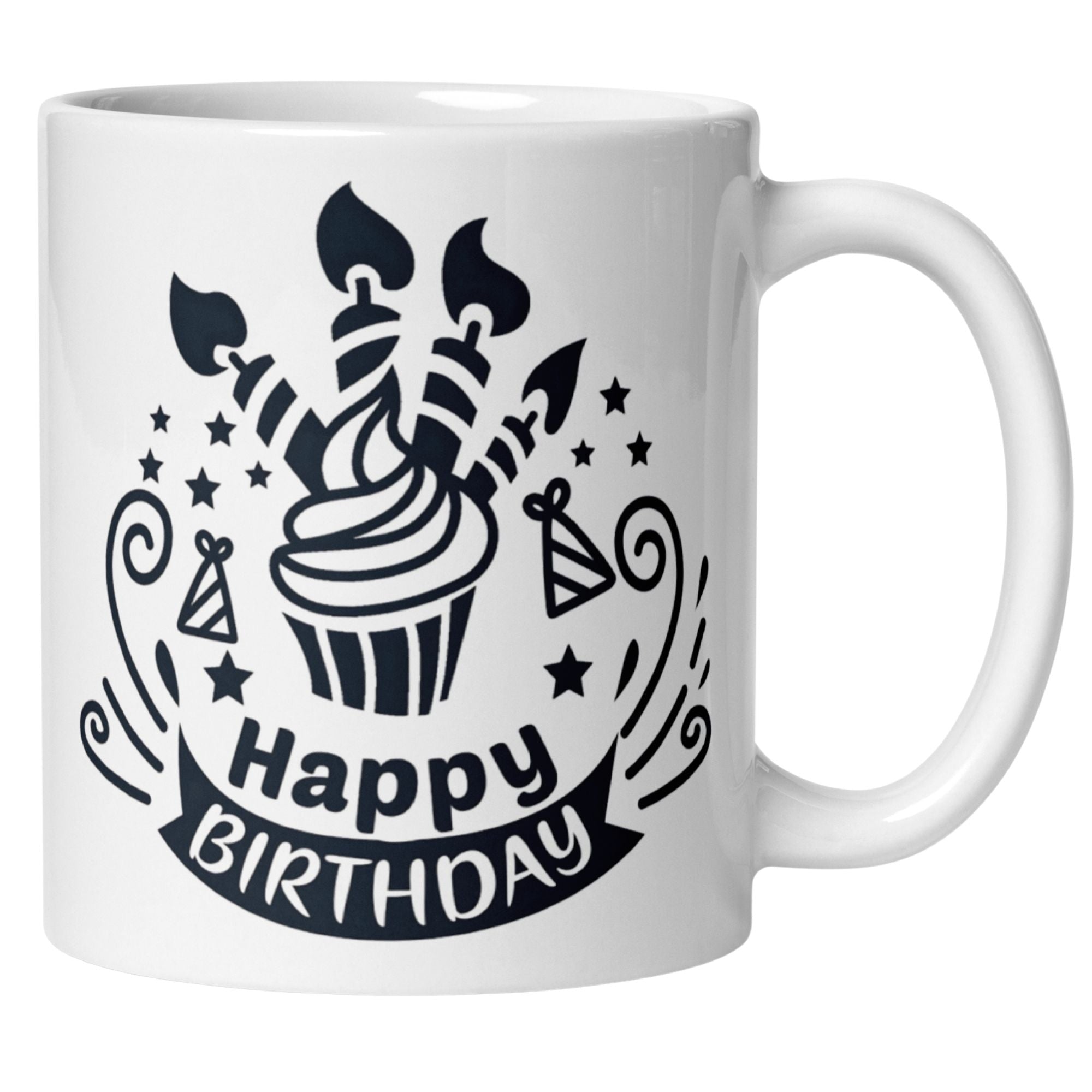 Momentals® birthday mug featuring a cheerful cupcake with candles and festive symbols in black-and-white design.