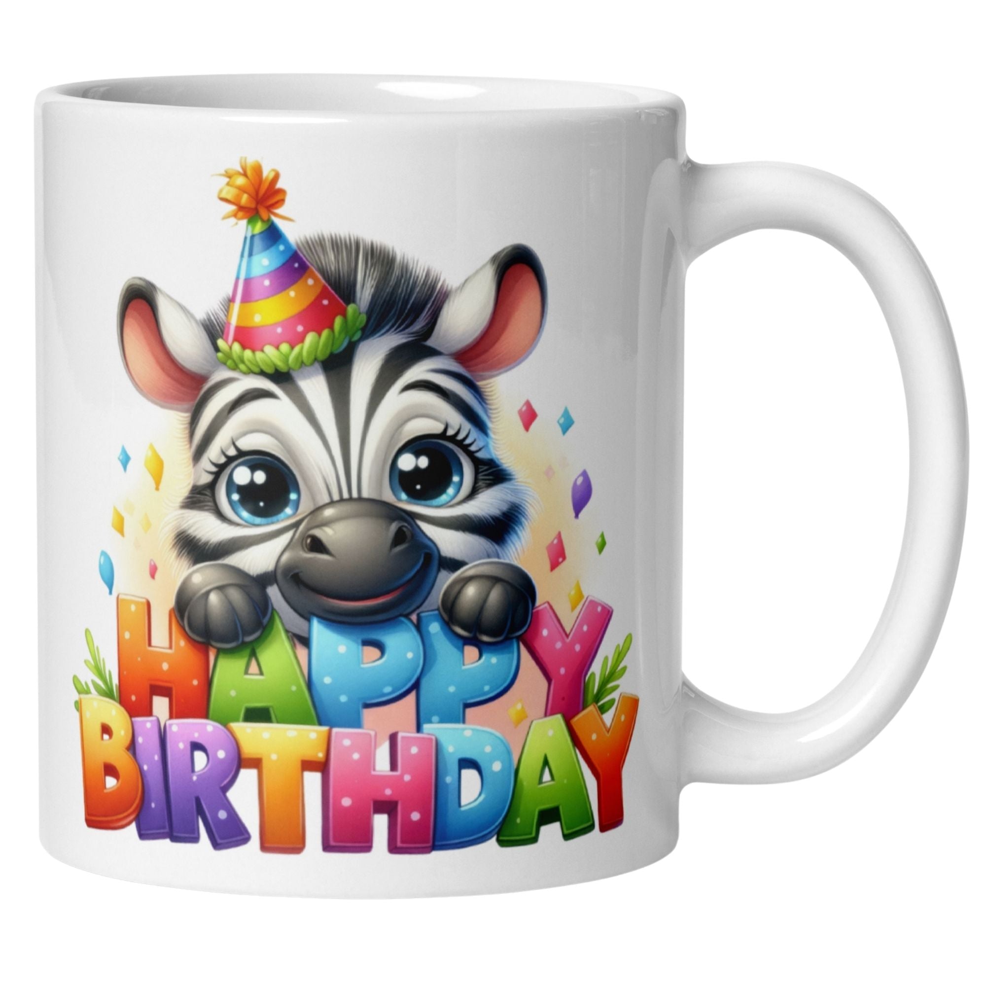Birthday mug featuring a cute zebra in a party hat with colorful 'Happy Birthday' text and confetti.
