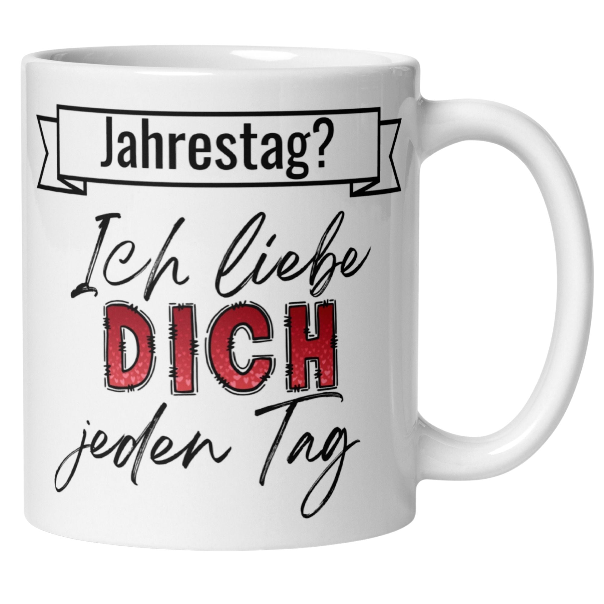 Momentals® Tasse mit dem Spruch 'Ich liebe dich jeden Tag' in modernem Schwarz und Rot.