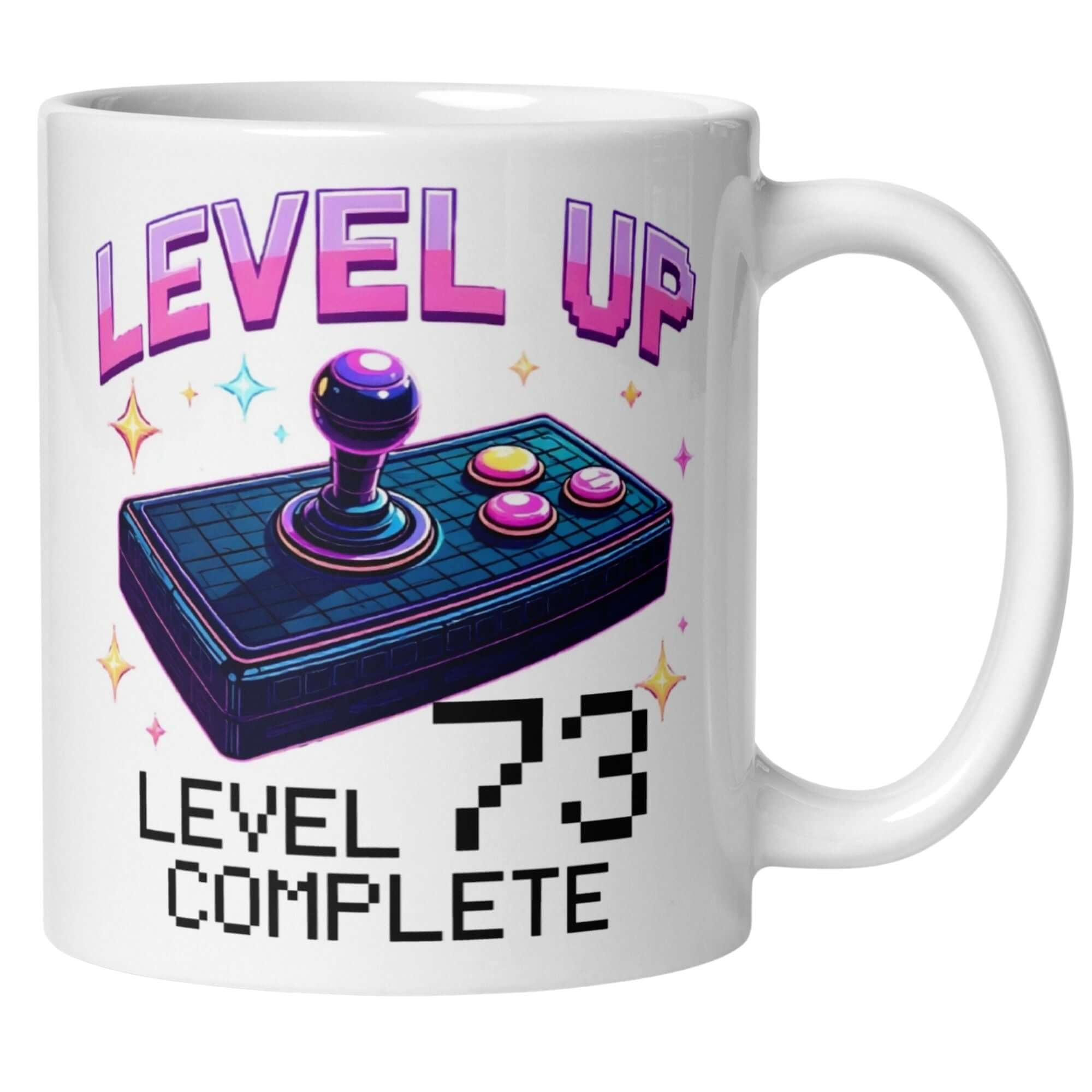 Witzige Tasse zum 73. Geburtstag mit Joystick-Design und Spruch 'Level UP - Level 73 Complete'.