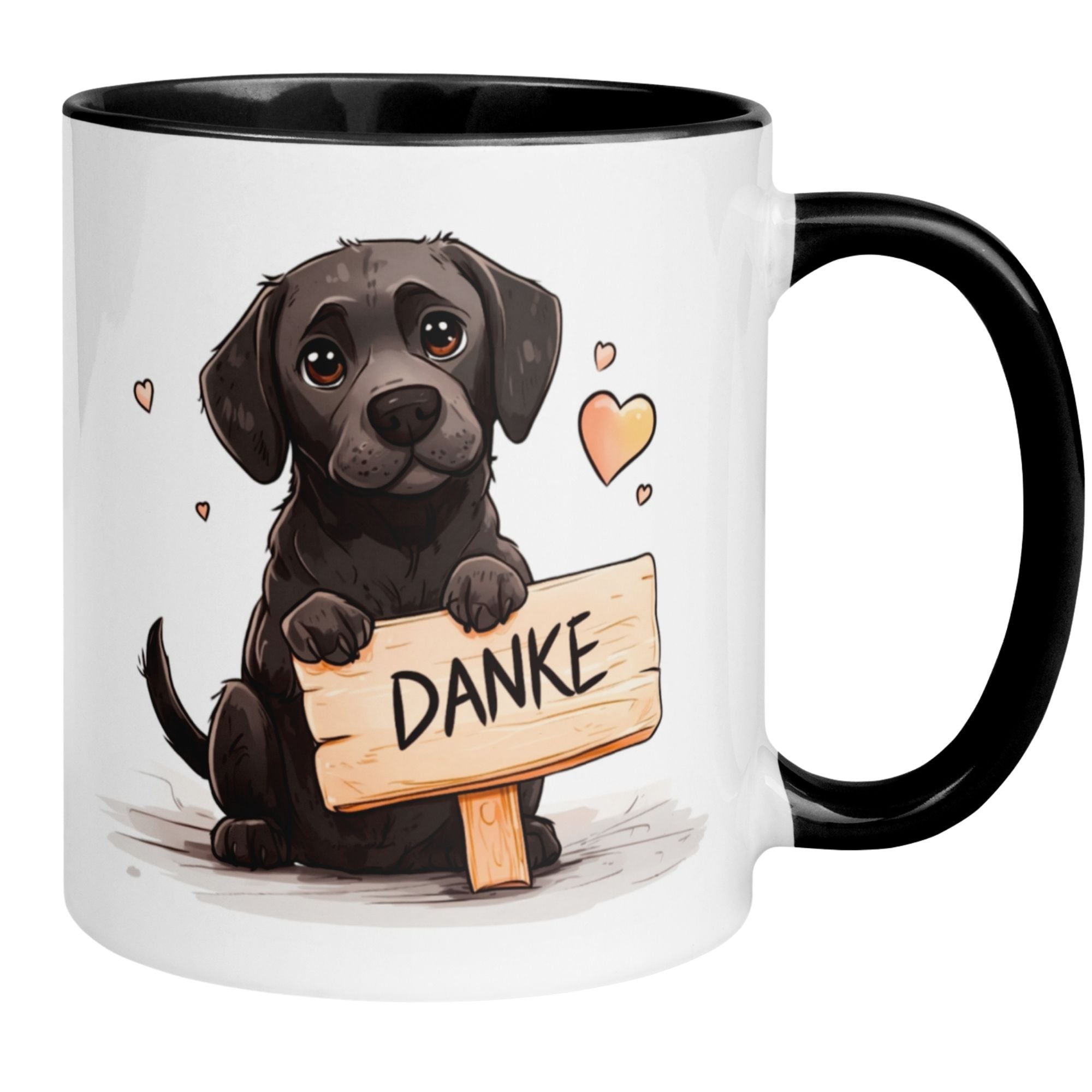 Schwarze Hundetasse mit 'Danke'-Schild, ideal für Wertschätzung und liebevolle Gesten.