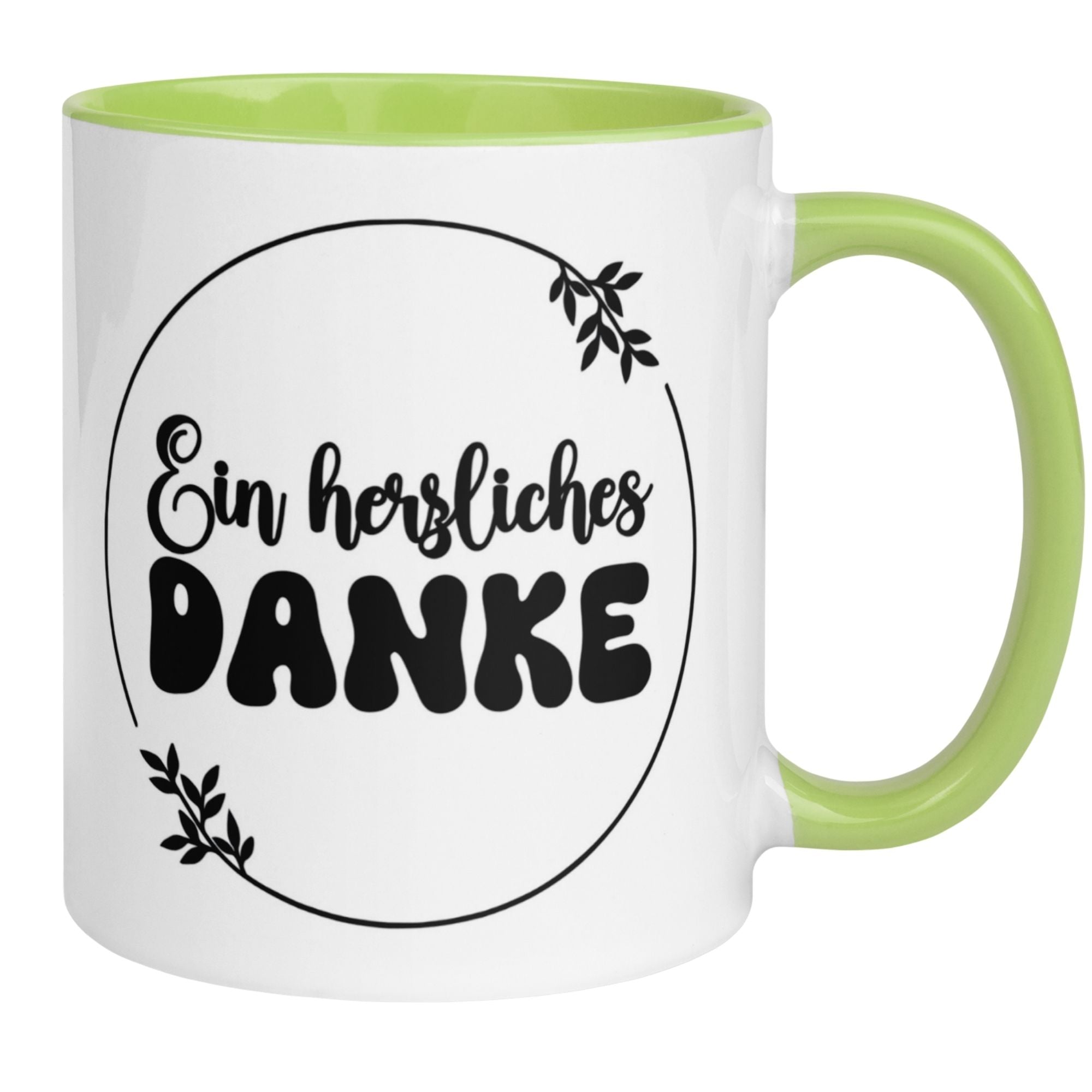 Momentals Tasse Dankeschön mit grünem Henkel und floralem Design, beschriftet mit "Ein herzliches DANKE".