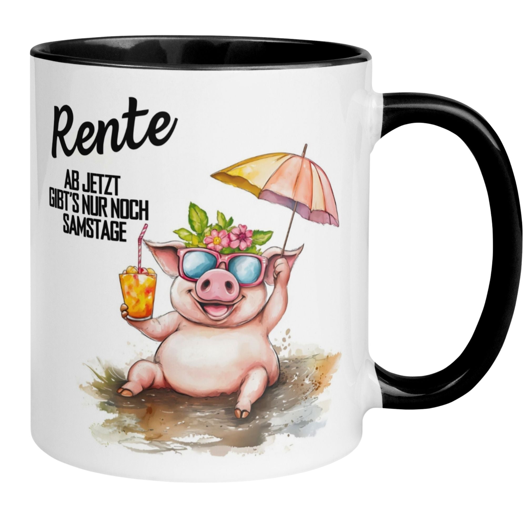 Funny mug featuring a relaxed pig in shades with a drink, enjoying retirement with the slogan 'Rente - Ab jetzt gibt’s nur noch Samstage'.