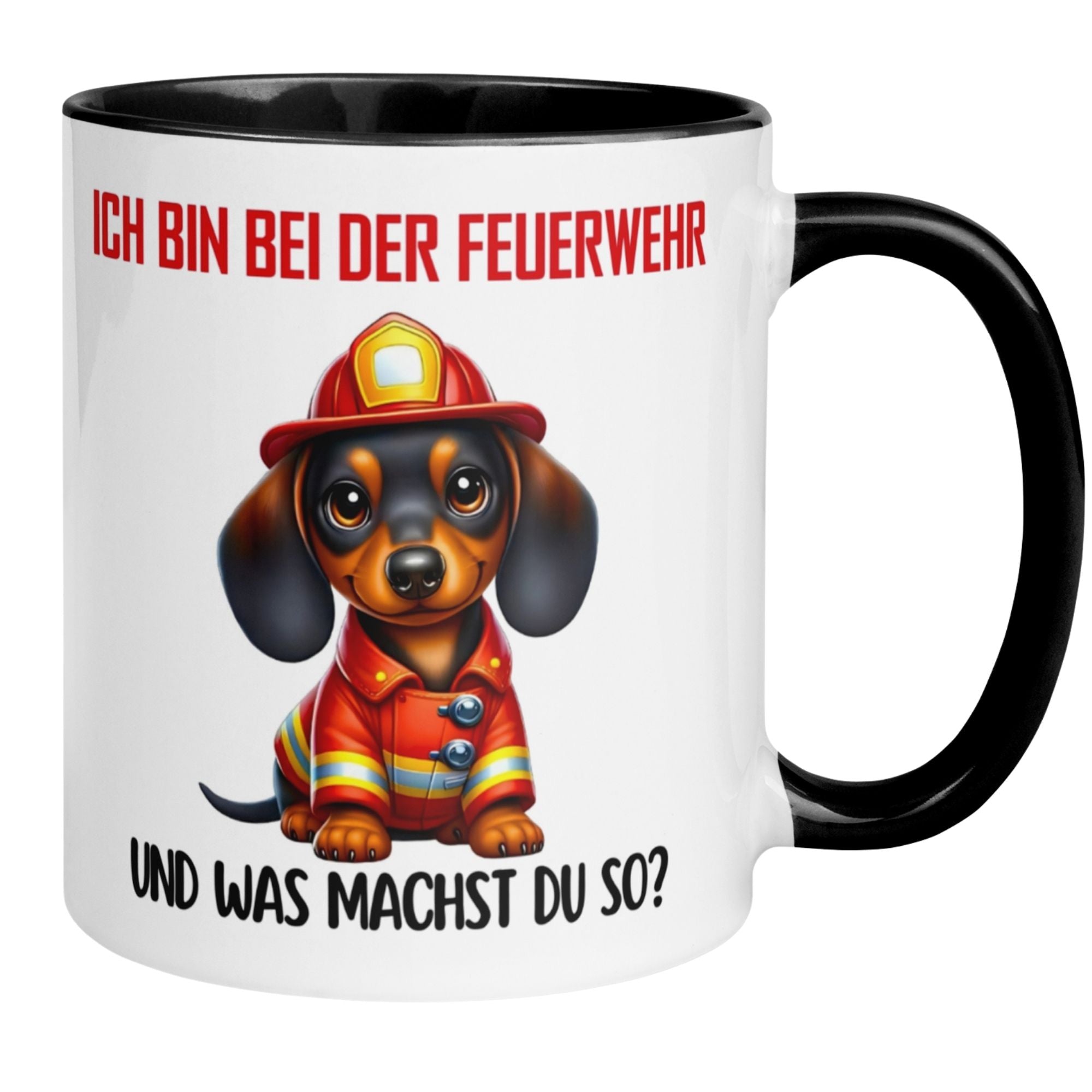 Niedliche Dackel-Tasse für Feuerwehr-Fans mit Spruch "Ich bin bei der Feuerwehr, und was machst du so?"
