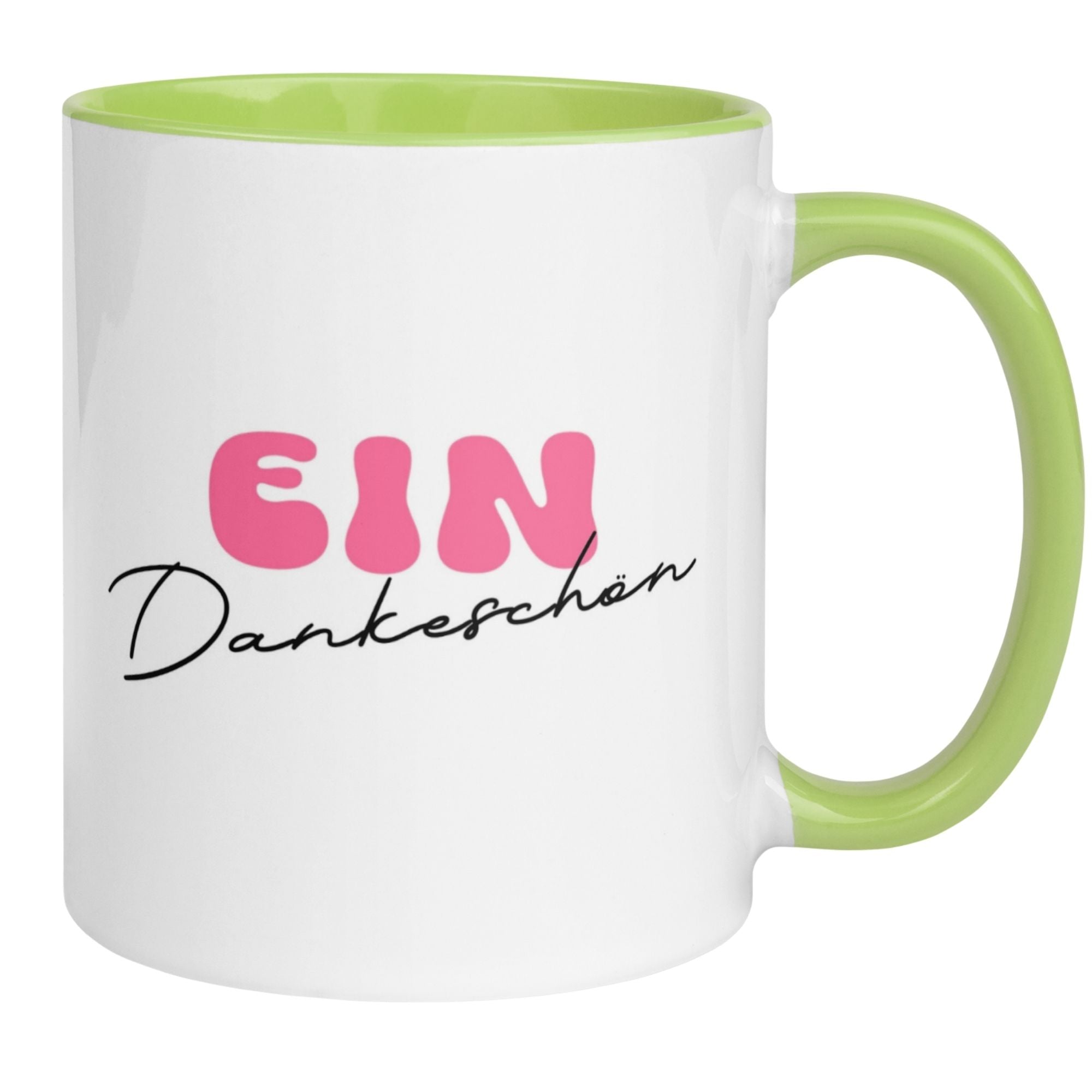 Momentals Tasse Danke mit minimalistischer Schriftzug "Ein Dankeschön" in pink und grünem Henkel.