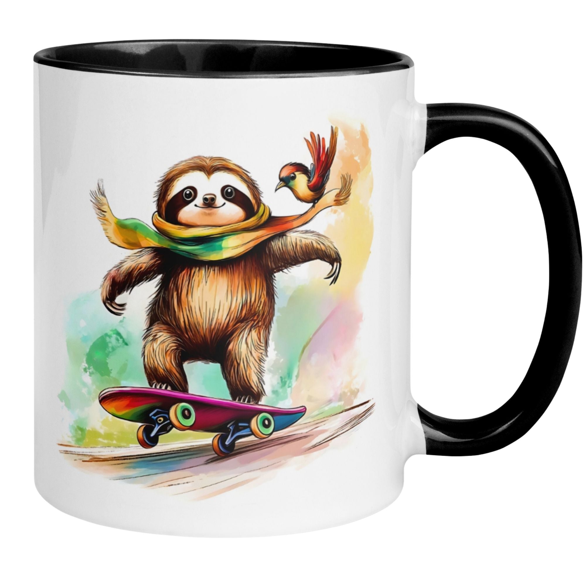 Momentals Tasse mit Faultier auf Skateboard, fröhlich mit Vogel und Schal, perfekt für Tierfreunde.