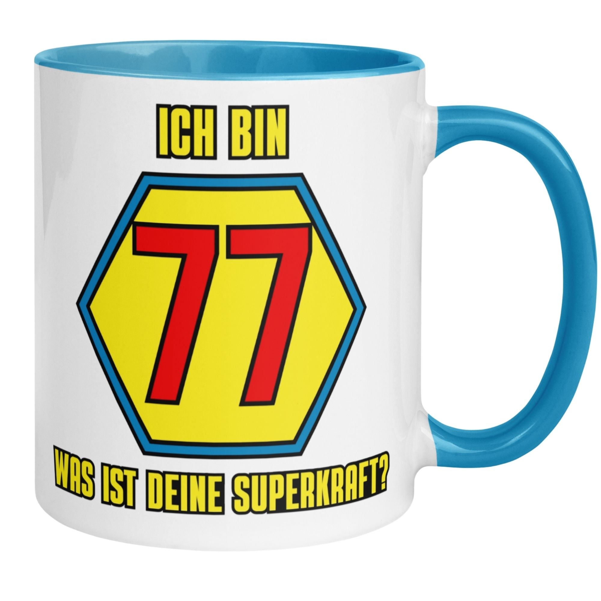 Momentals® Tasse 77. Geburtstag | Superheld & Spruch | Ich bin 77 und was ist deine Superkraft