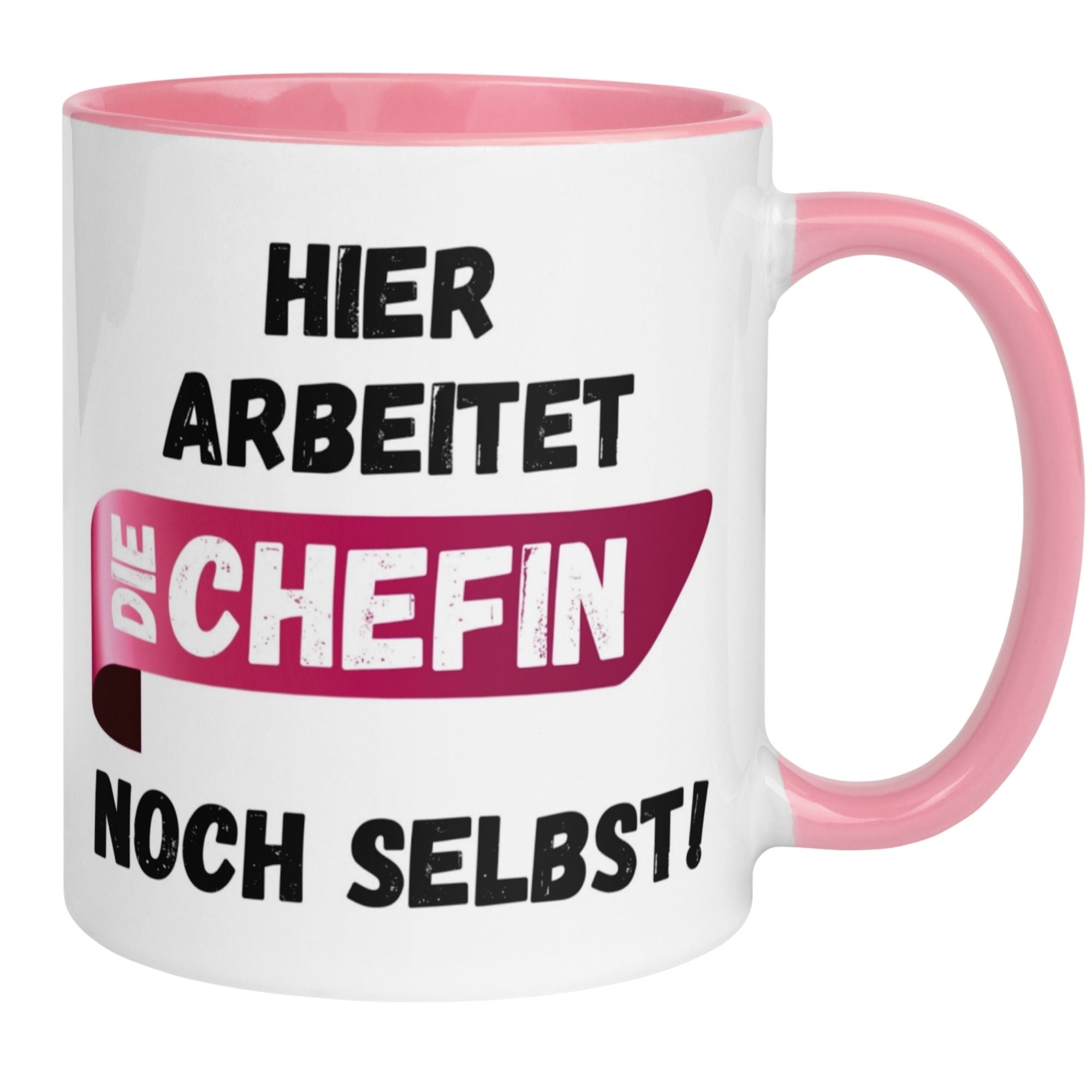 Momentals Tasse Chefin mit pink-schwarz Aufdruck "Hier arbeitet die Chefin noch selbst!" für humorvolles Abschiedsgeschenk.
