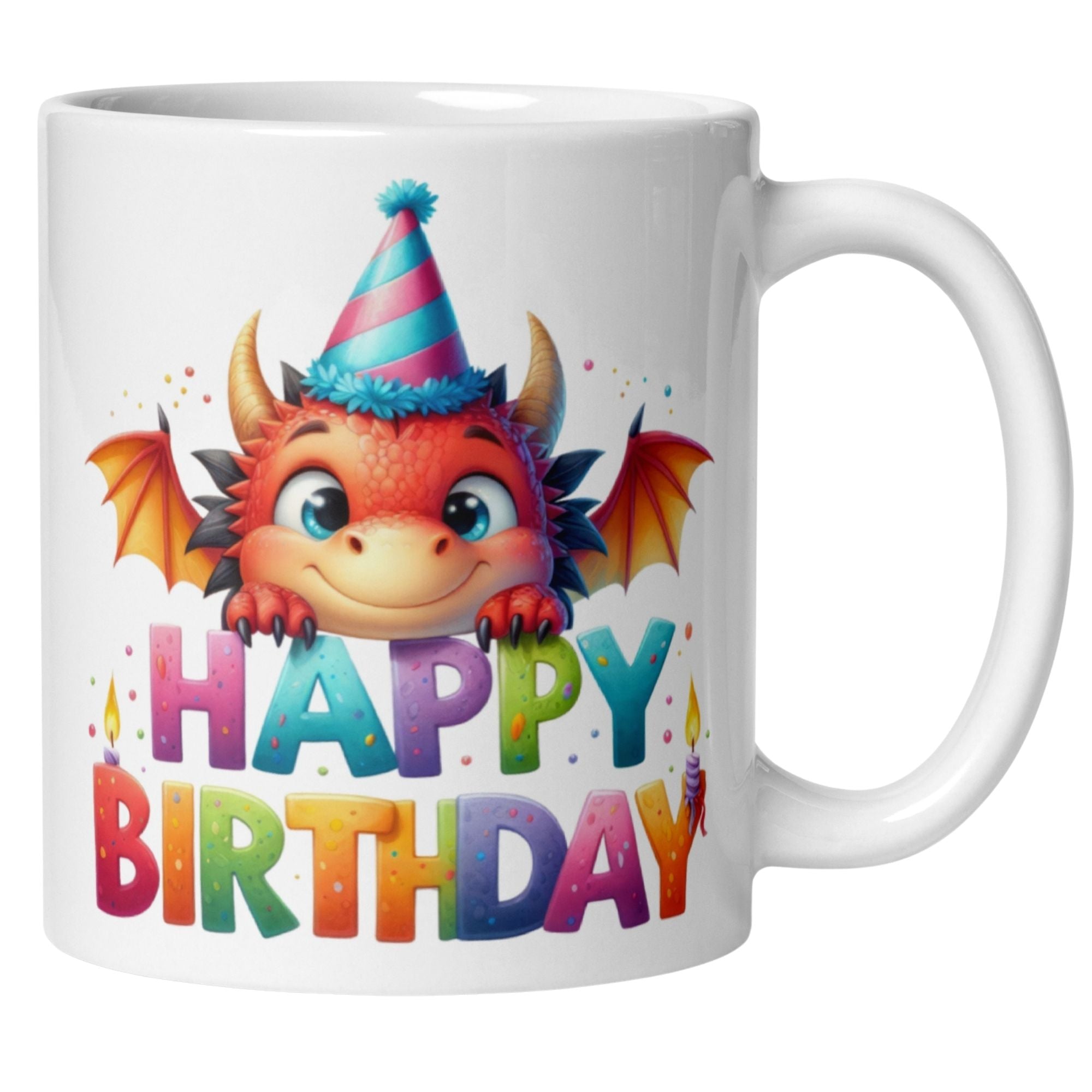 Momentals® Tasse Geburtstag mit einem fröhlichen Drachen und bunten 'Happy Birthday'-Buchstaben.
